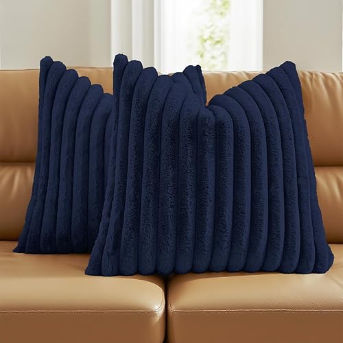 Vista 69 de FUTEI - Juego de 2 fundas de almohada decorativas con rayas, rectangulares para invierno, piel sintética de conejo suave y respaldo de terciopelo
