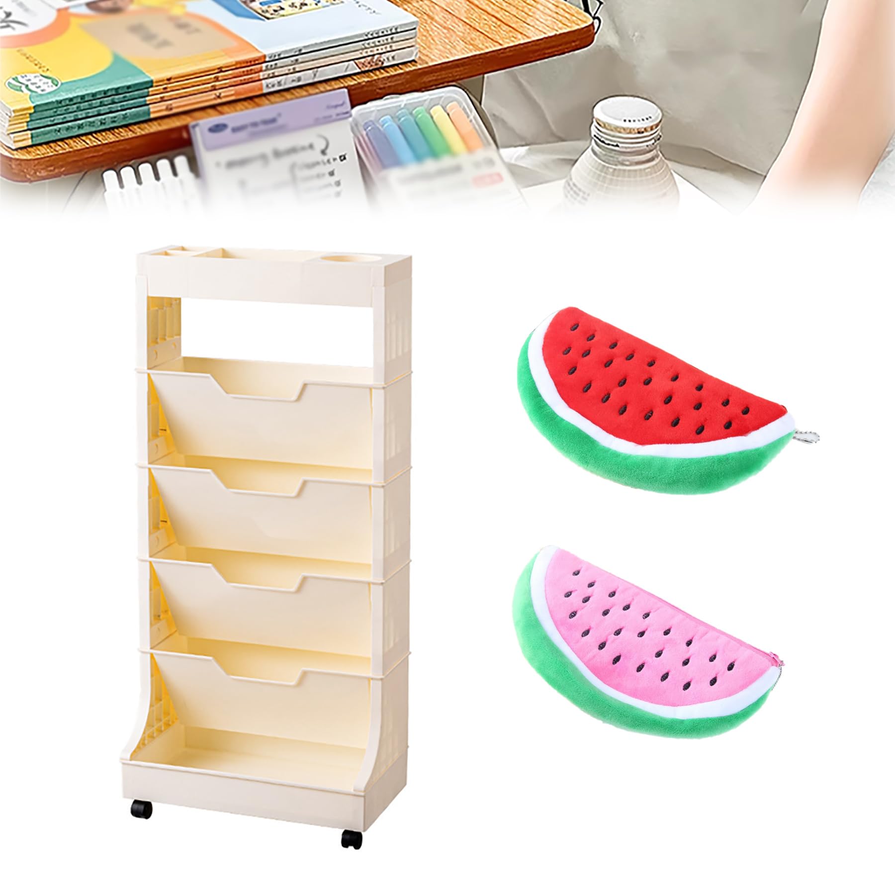 TUOYIBO Cute Rolling Cart with Shelves, 5 Tier Book Storage Shelf, Mobile Bookshelf with Wheels, Mobile Bookshelf for Classroom Desk, Plastic, 5 Tiers