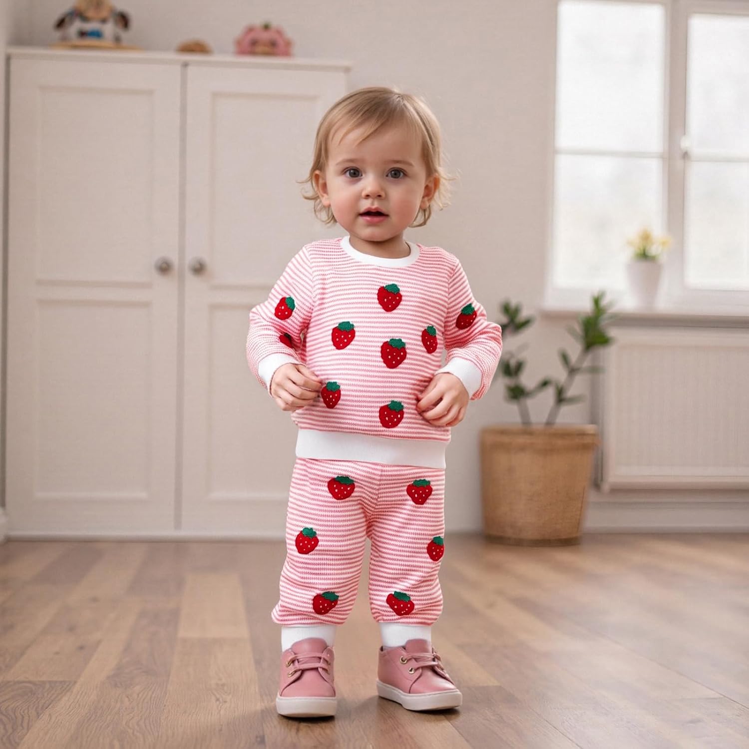 Toddler Baby Girl Fall Winter Clothes Long Sleeve Strawberry Sweatshirt With Jogger Pants Sweatsuit Cute 2Pcs Outfit - Image 2