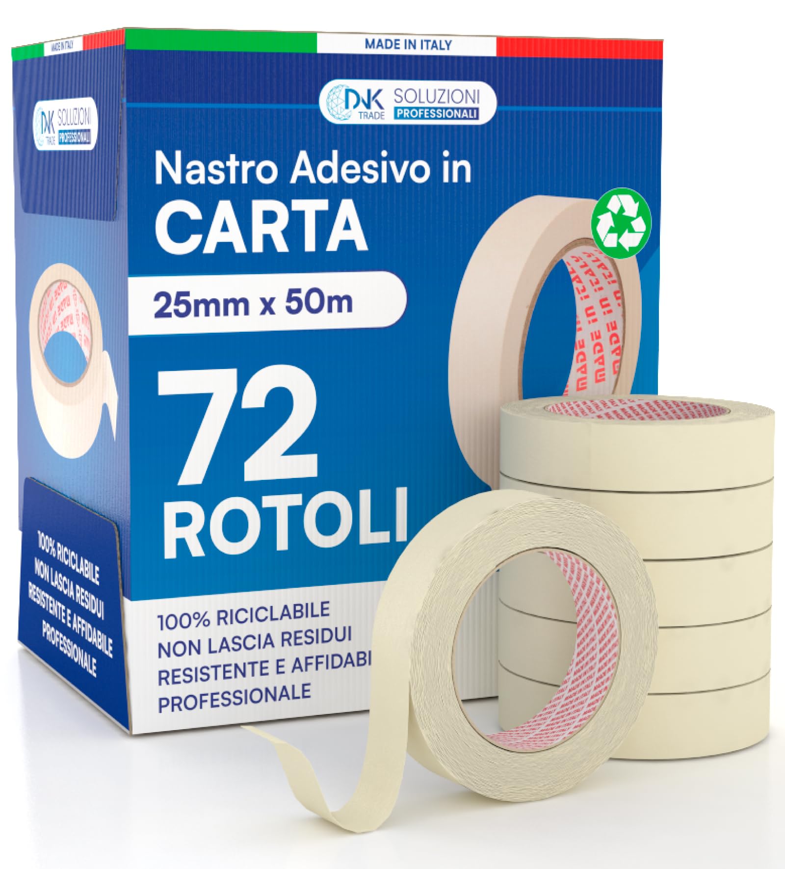 DNK TRADE Nastro di Carta - 72 Rotoli per Imbiancatura 25x50 mt - Gommata Professionale per Mascheratura (25x50)