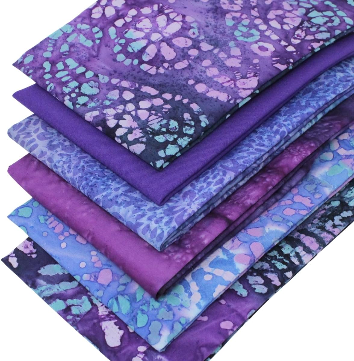 6 Fat Quarters Batik Bundle - 'Purple Vision' A Stunning Set of Batik & Plain Solid Fabrics in Purple & Blue. 100% Cotton. Ideal for Quilting & Crafting. (Free Patchwork Pattern by Overdale Fabrics)