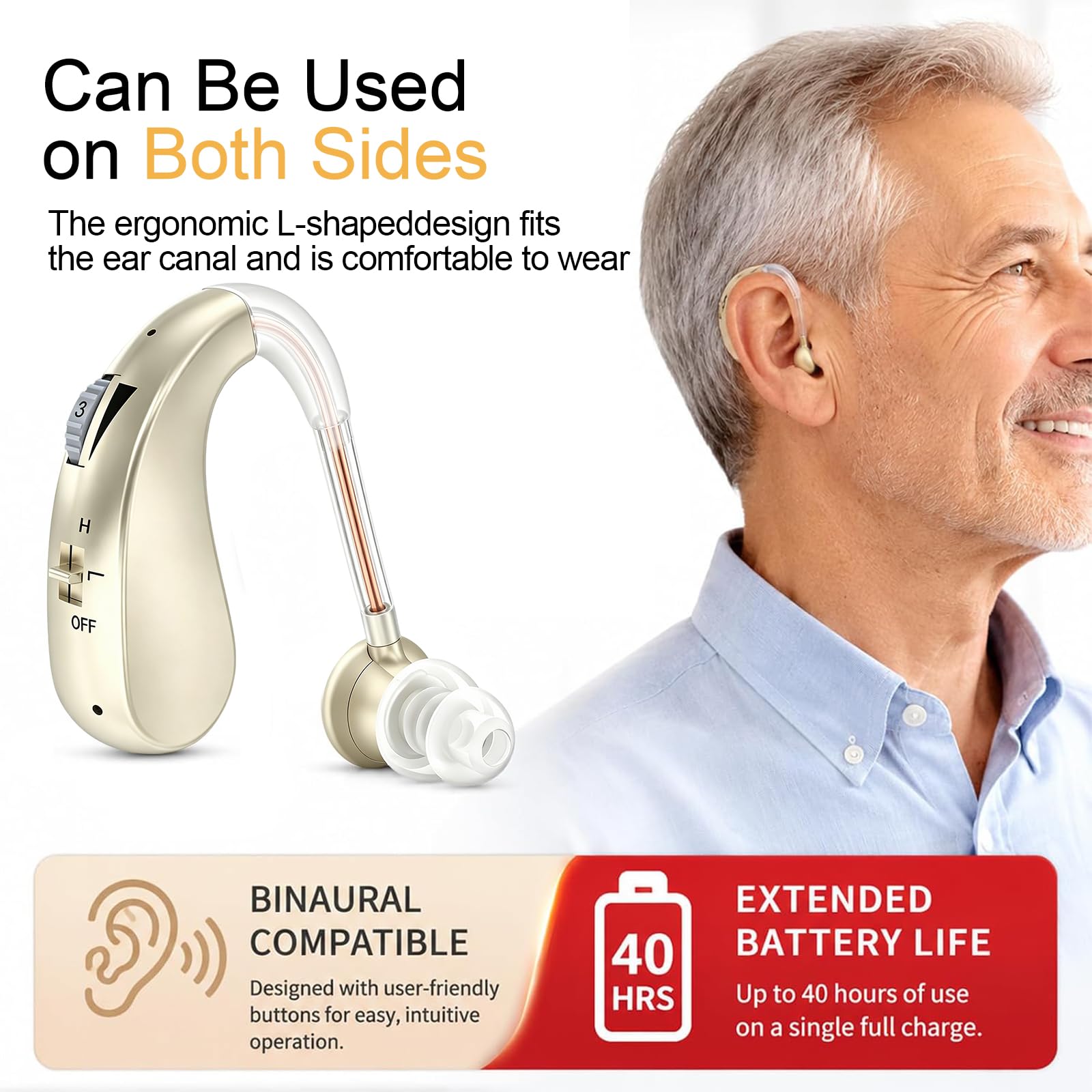 Dispositivo de sonido recargable para personas mayores y adultos, dispositivo de audio con 40 horas de reproducción, se adapta al oído izquierdo o derecho, 2 modos de audio, 4 niveles de volumen