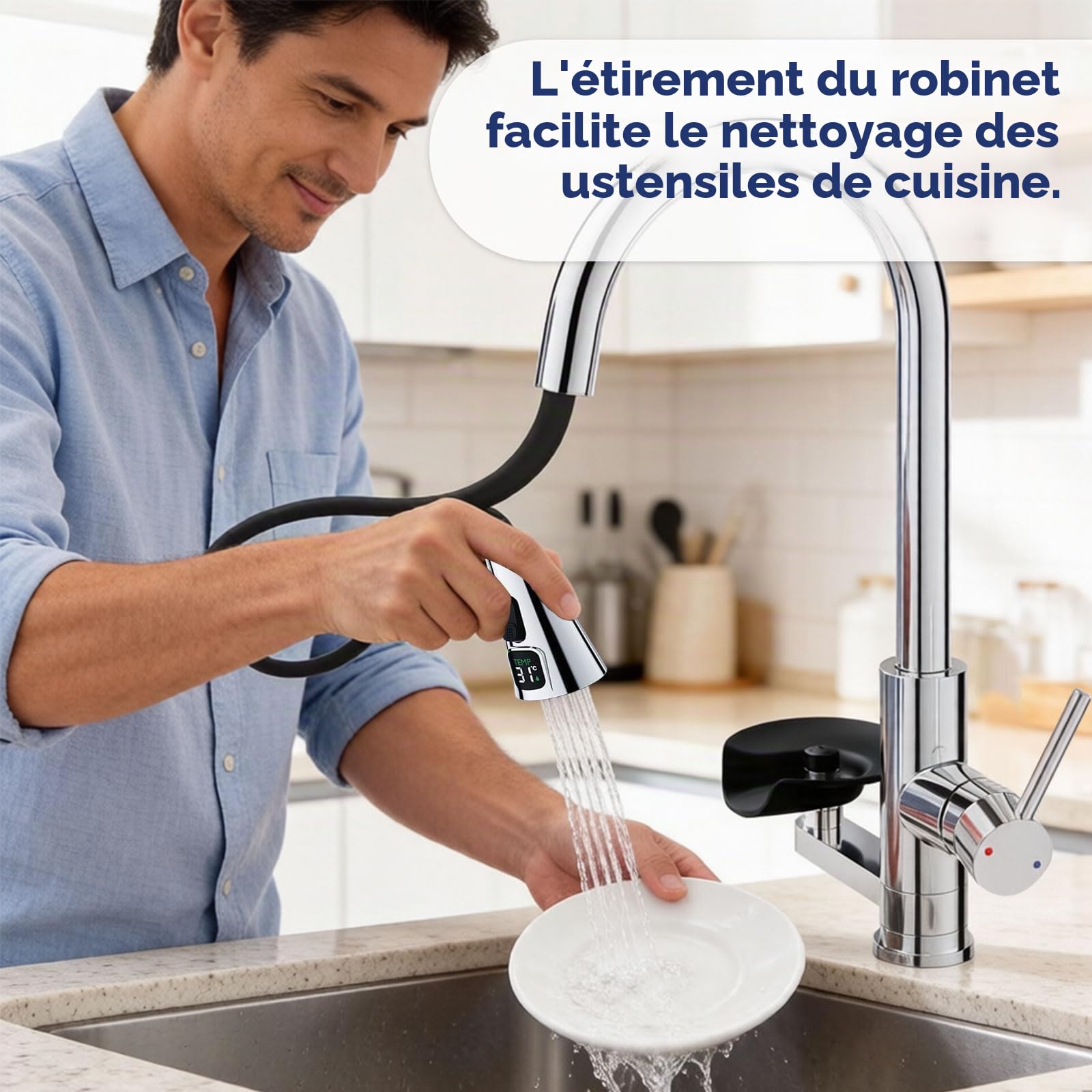 Robinet de Cuisine avec Lave-Verres, Mitigeur Cuisine Douchette Extensible 3 Modes, Affichage LED de la température de l'eau, 360°, Rotatif Acier Inoxydable 304 Brossé, Robinet Évier Multifonction