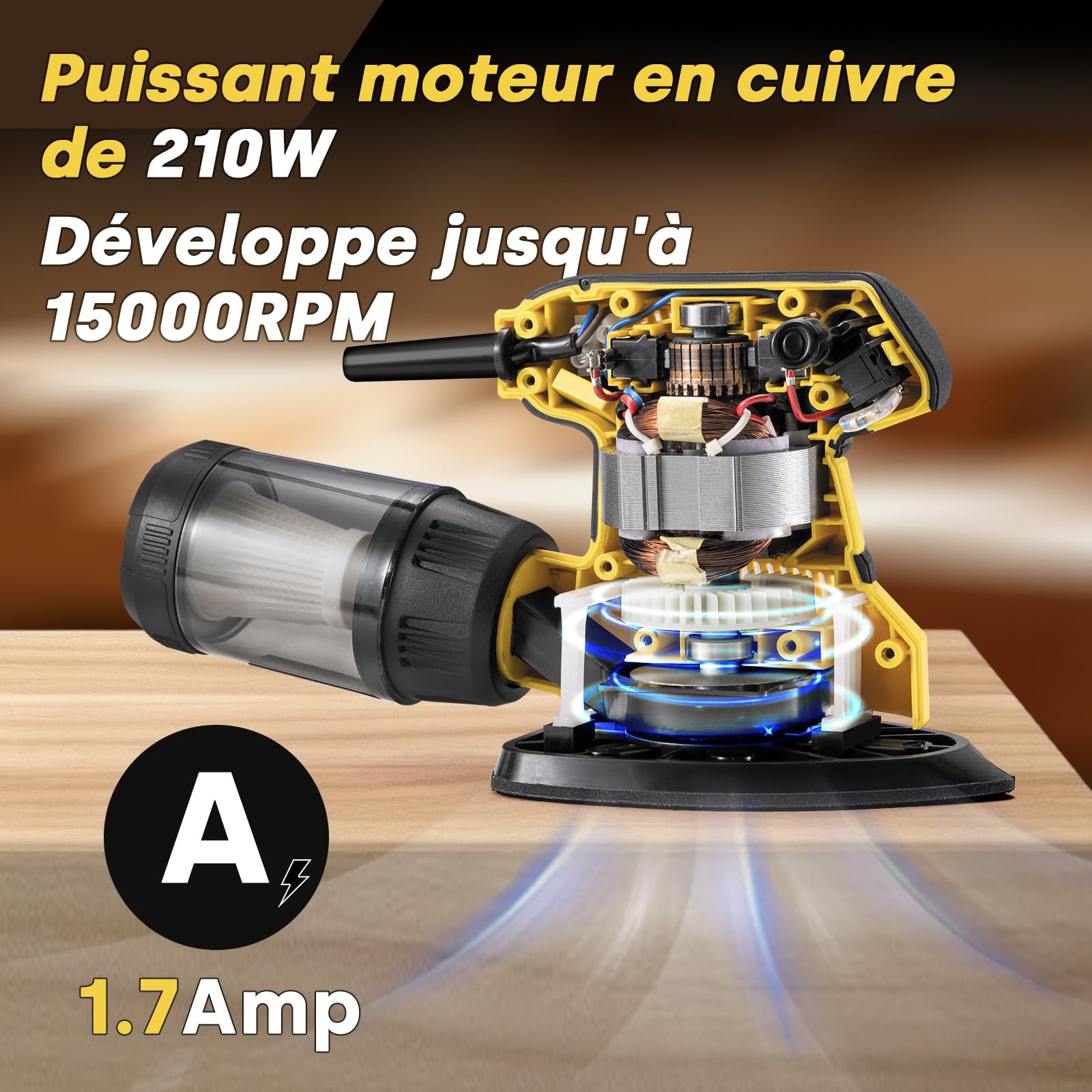 Enventor Ponceuse Excentrique 210W, avec 16 Feuilles Abrasives, 15000 tr/min, Système auto-agrippant, sac à poussière, idéale pour les angles et les Bords, Bois et Métal