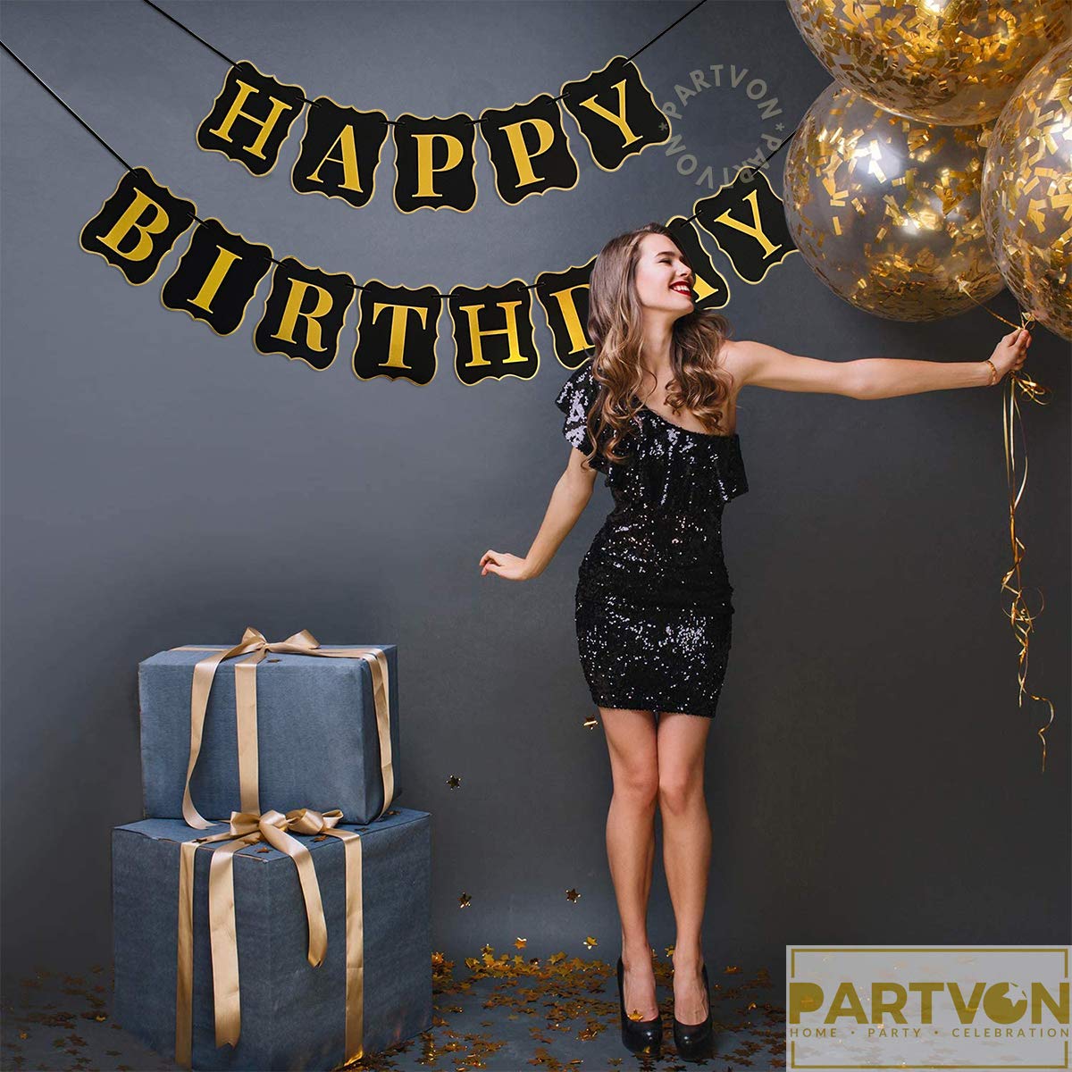 Black & Gold Glitter Happy Birthday Banner – Large Hanging Letters For Party Backdrop Decor - View #5