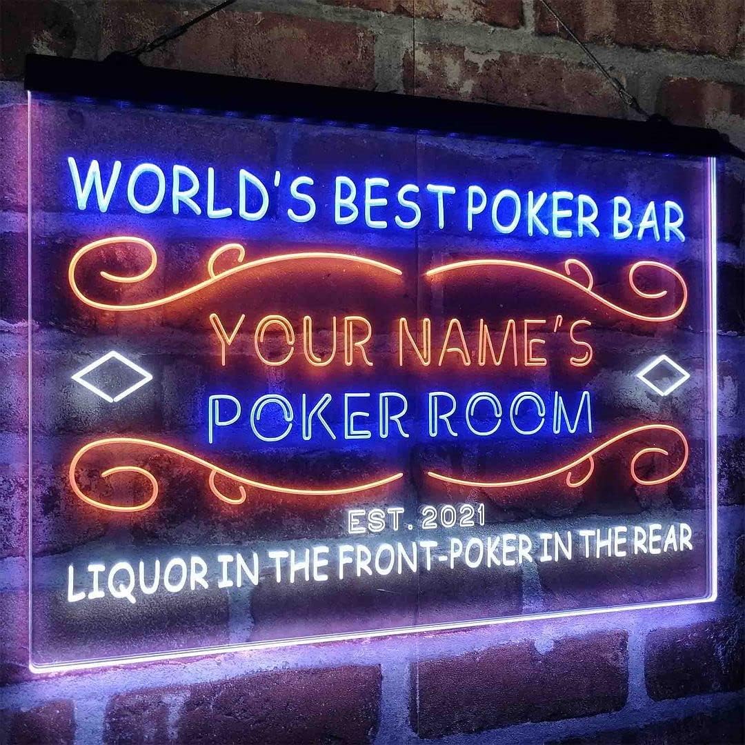 Personalized Poker Room Bar Tri-Color LED Neon Light Sign Customize Name Date Text Quote Font White & Blue & Orange 23.6 x 17.1 Inches st9s64-qn1-tm-wbo