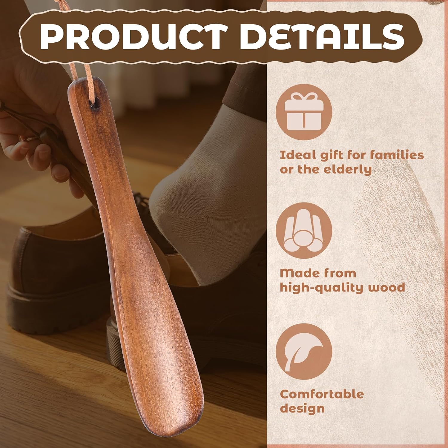 2 Pcs Wooden Shoe Horn, 7.5" Short Handle Wood Shoehorn