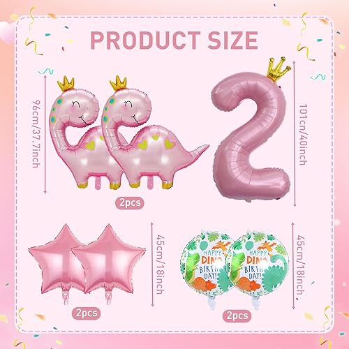 Miniatura 2 de 7 globos de dinosaurio con corona rosa, globos de aluminio Mylar con número de cumpleaños de dinosaurio rosa, suministros de fiesta de 2 cumpleaños