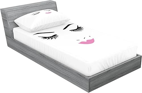 Miniatura 313 de Ambesonne Juego de sábanas bajeras y fundas de almohada con diseño de gato durmiendo en luna creciente, estrellas, sueños nocturnos, juego de ropa