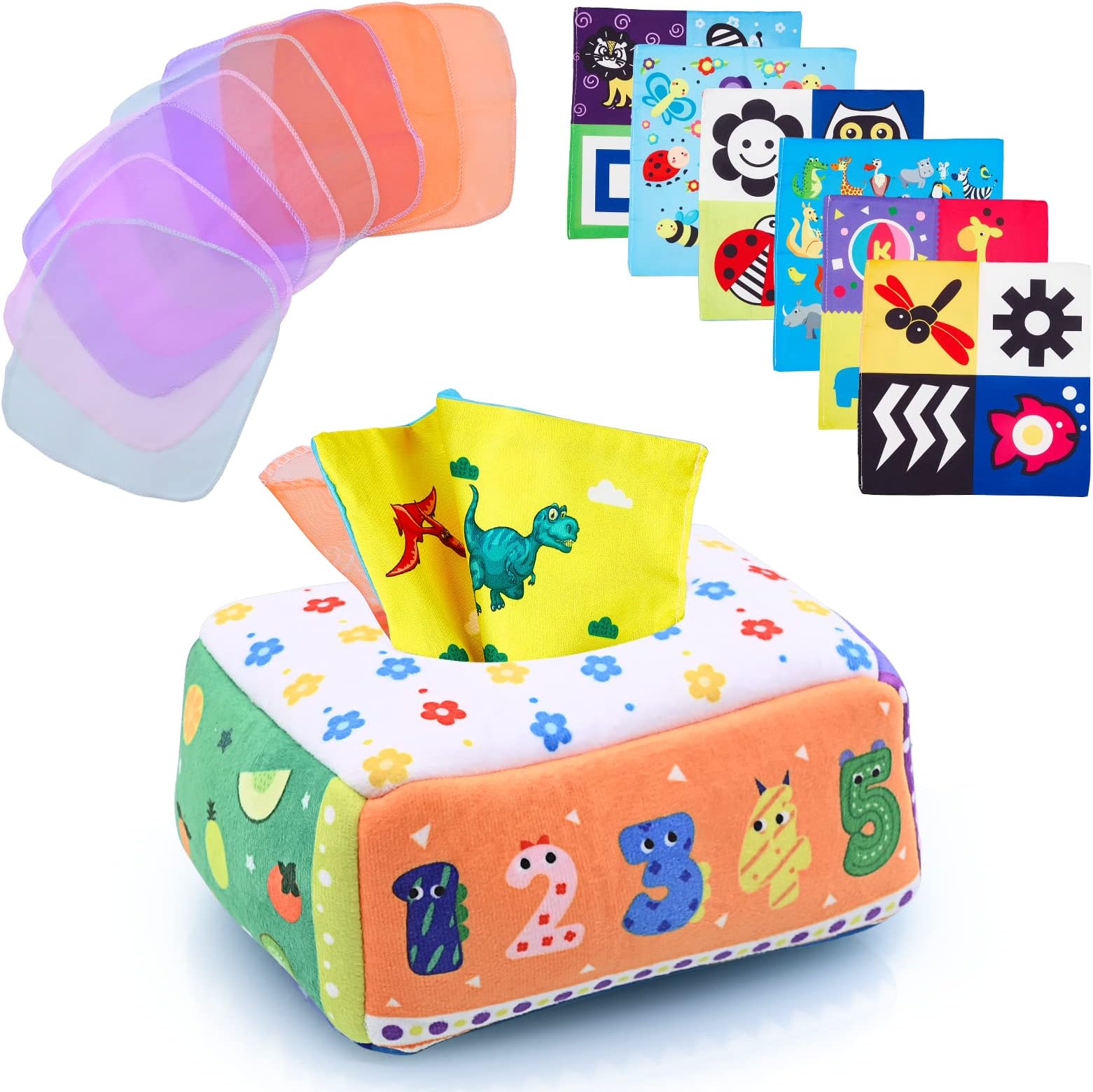 KidsPark Baby Tissue Box Toy, Montessori Sensory Toys 6-12 Months with Crinkle Tissue Papers & Colorful Scarves, Early Learning Educational Toys for Babies Toddlers, Letter
