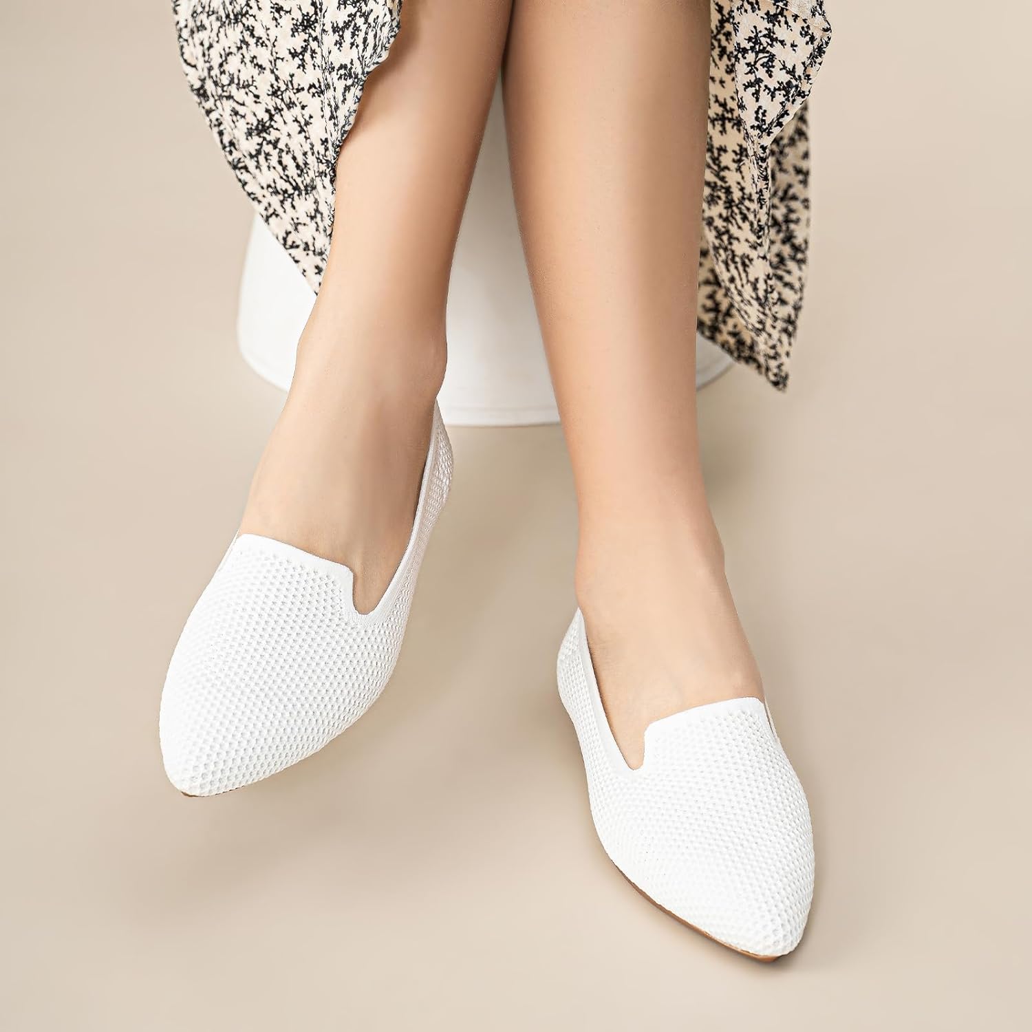 Women's Pointed Toe Flats Breathable Knit Ballet Flats with Arch Support Comfortable Dressy Slip On Shoes for Work Office Lightweight Washable Walking