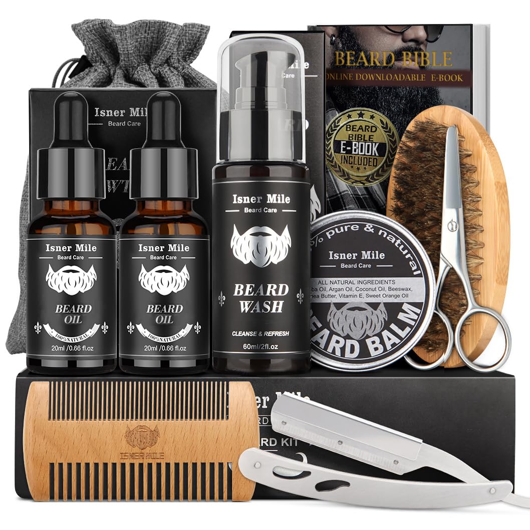 ISNER MILE Beard Grooming Kit for Men, Fathers Gifts for Dad Men Him Husband Boyfriend, with Beard Shampoo Wash, Oil, Balm, Trimming Set Include Brush, Comb, ScissorsISNER MILE Beard Grooming Kit for Men, Fathers Gifts…