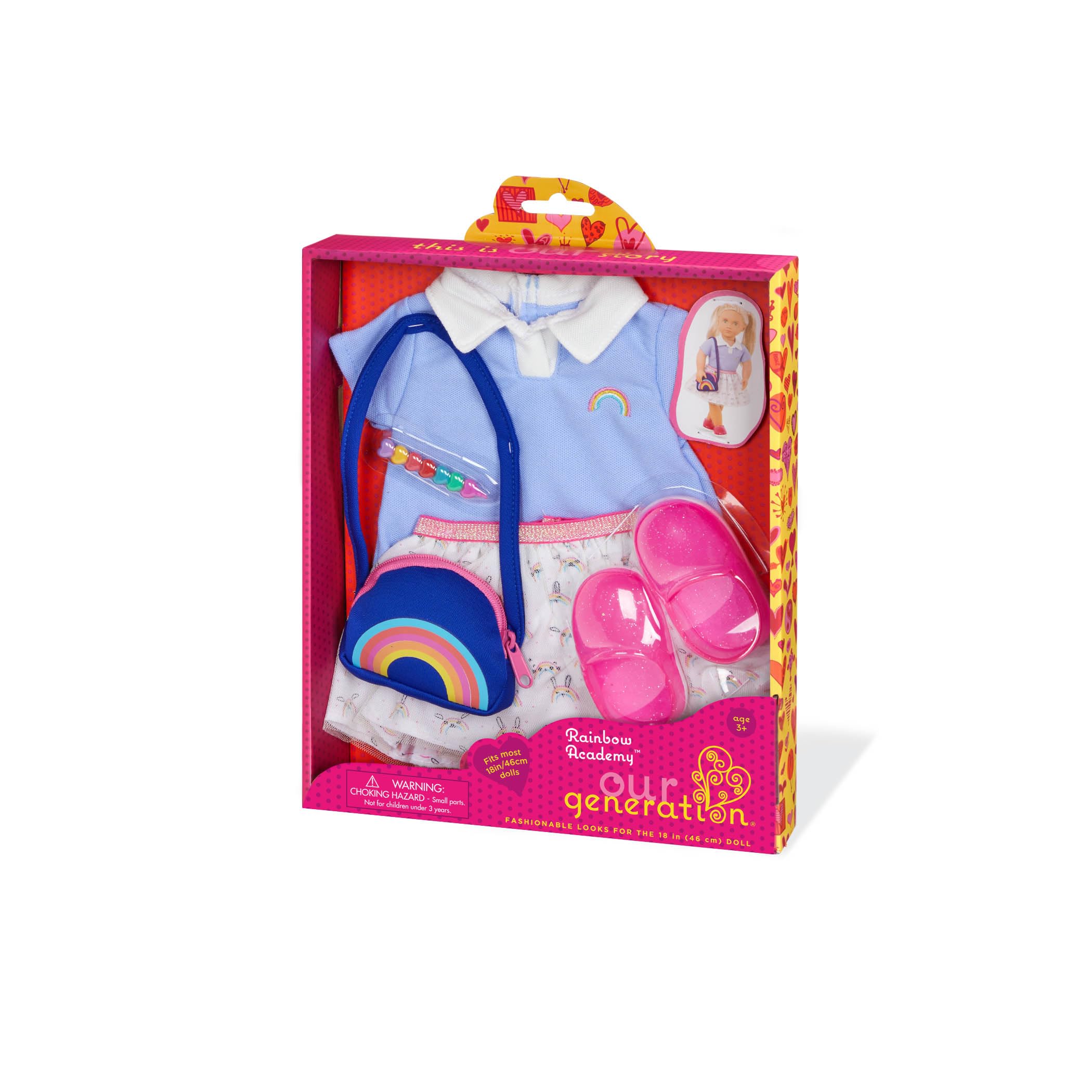 Our Generation Rainbow Academy Outfit - Mehrfarbige Schuluniform mit Regenbogen Zubehör für 18 Zoll Puppen - 5-teiliges Bekleidungsset