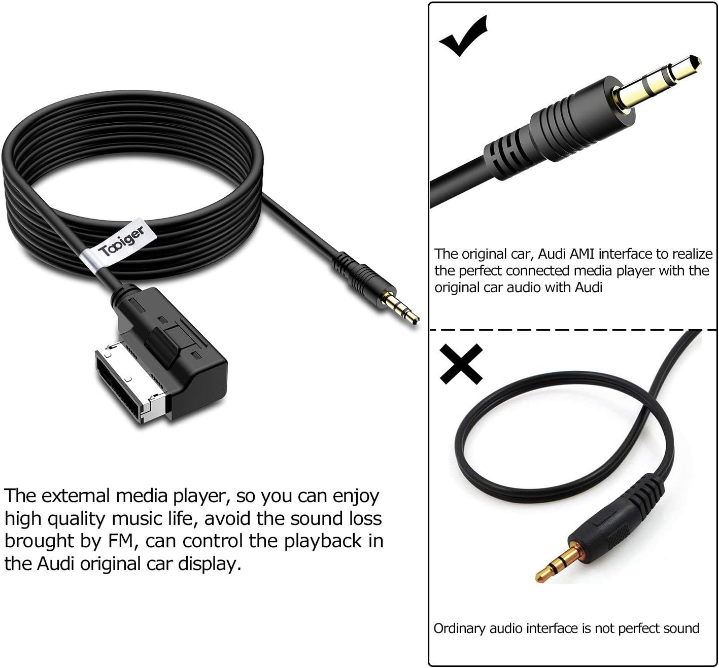 TABIGER Compatible Portable Music Interface AMI MMI AUX Adapter Cable 3.5mm Jack Aux-in MP3 Cable for A3/A4/A5/A6/A8/Q5/Q7/R8/TT-vw (2M)