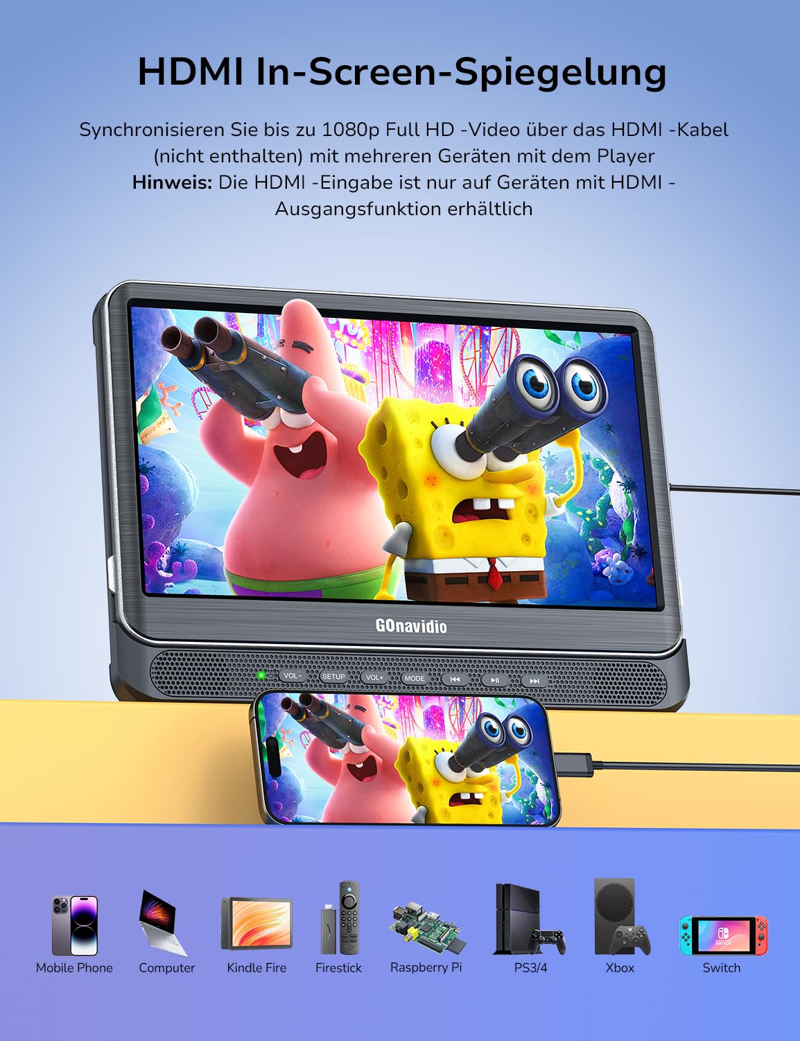 GOnavidio 12" DVD Player Auto 2 Bildschirme mit 1080P HDMI-Eingang, Tragbarer Fernseher Kopfstütze 2 Monitore für Kinder Unterstützt Letzter Speicher, AV In/Out, Sync Screen, USB-SD-Karte (12 Zoll)