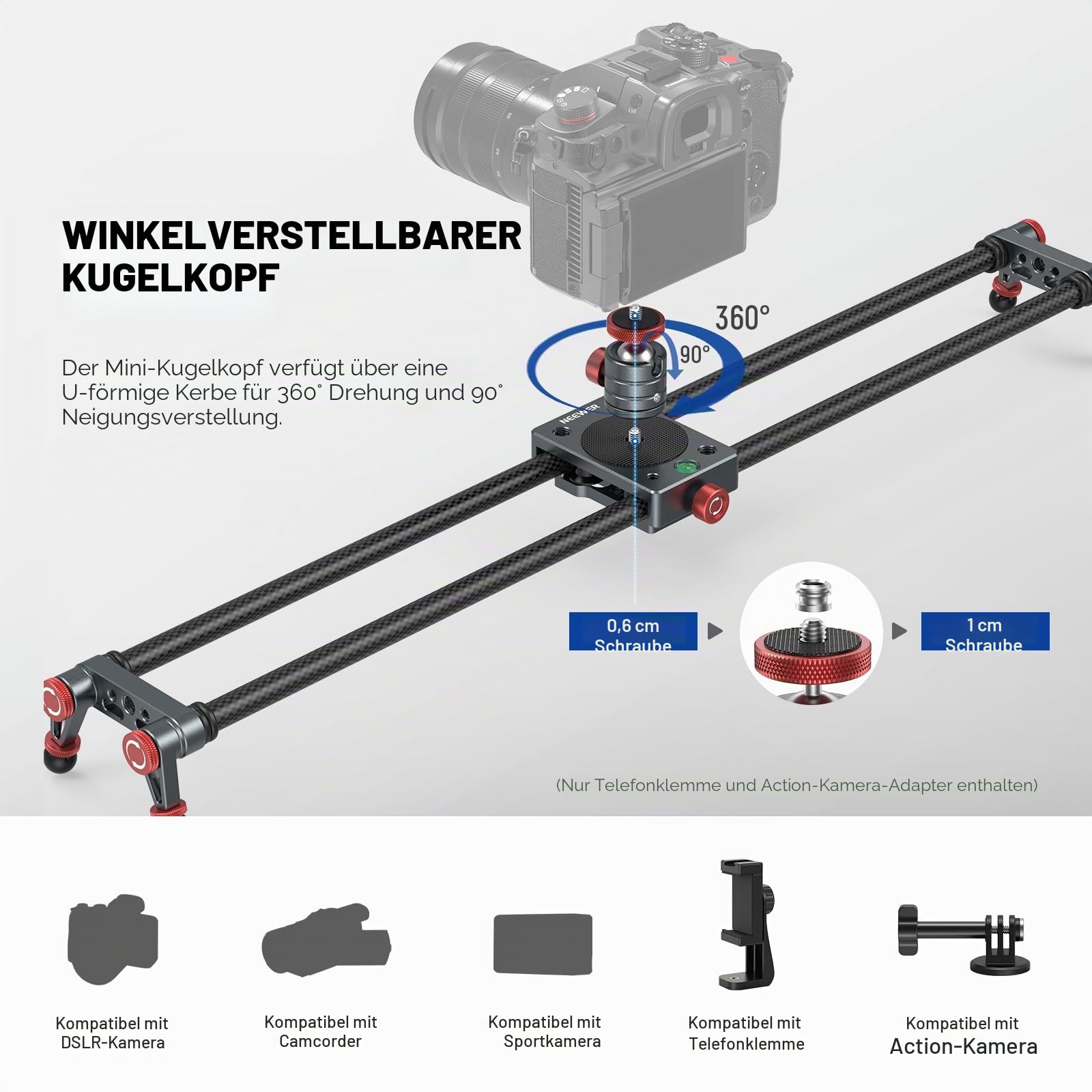 NEEWER 60cm Kohlefaser Kamera Slider Dolly Slider Schiene mit 360° Kugelkopf/Handyklemme/Action Kamera Halterung, 4 Lagern und verstellbaren Beinen, kompatibel mit GoPro Insta360 iPhone Android, CS2M