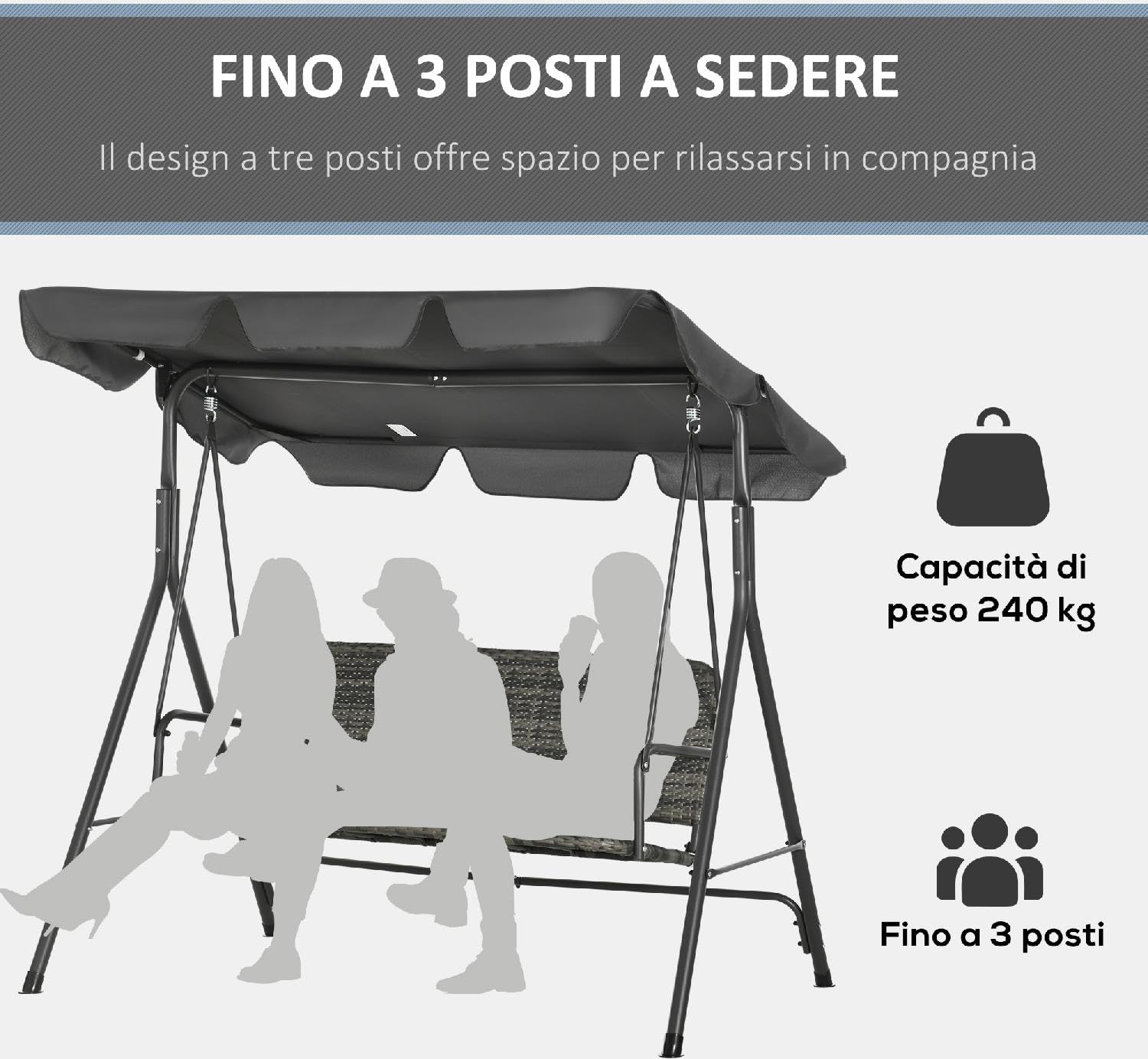 Dondolo da Giardino 3 Posti con Tettuccio Parasole in Acciaio/Rattan PE Dimensioni 167x112x153 cm Colore Grigio Scuro