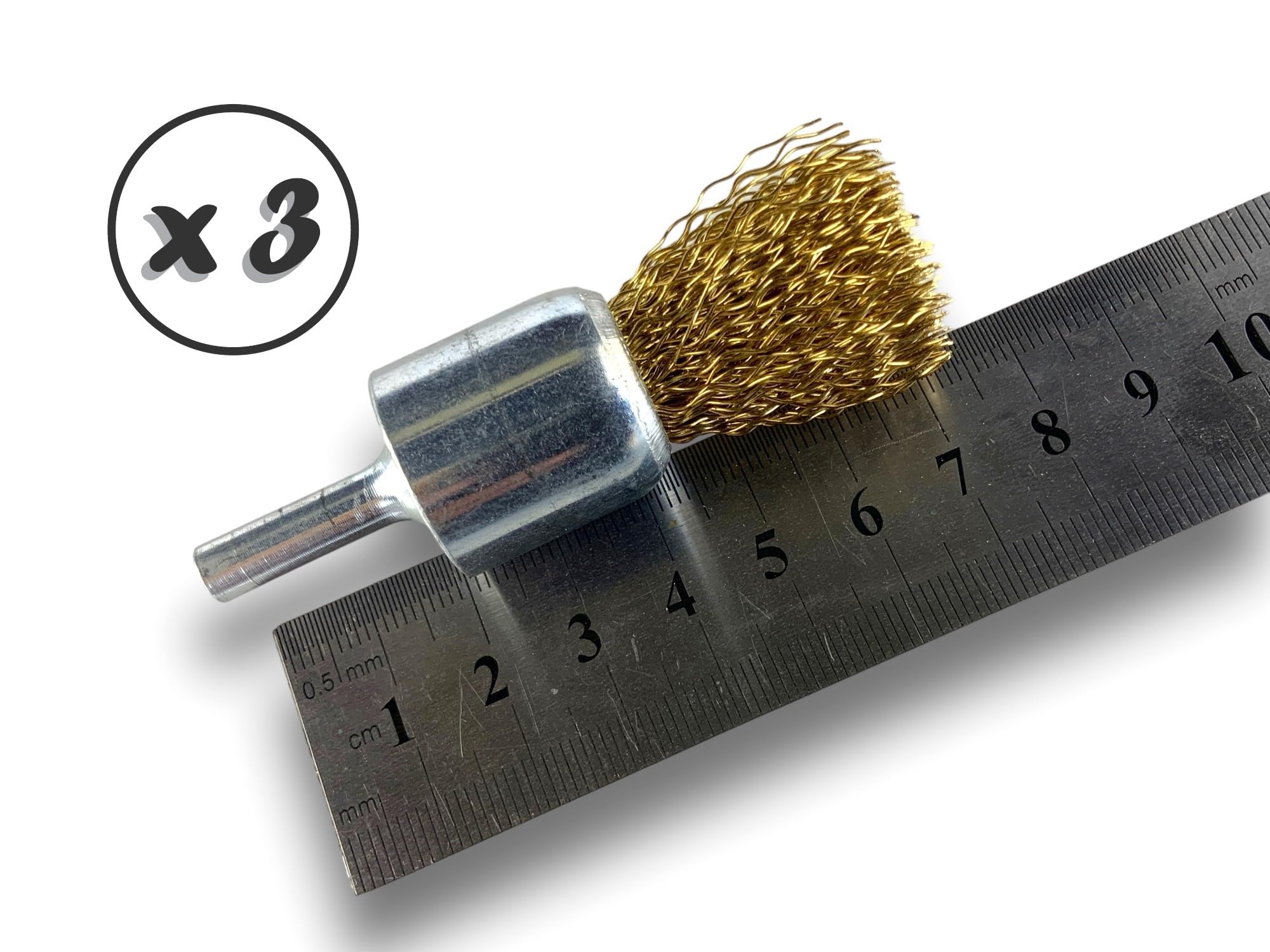 Metalowa szczotka obrotowa z końcówką Ø 22 mm | Zestaw 3 sztuk | Kształt pędzla na trzonku Ø 6 mm | Nici mosiężne Ø 0,30 mm twarde | Do wiertarki lub wkrętarki z uchwytem | Kibros 20LT22x3