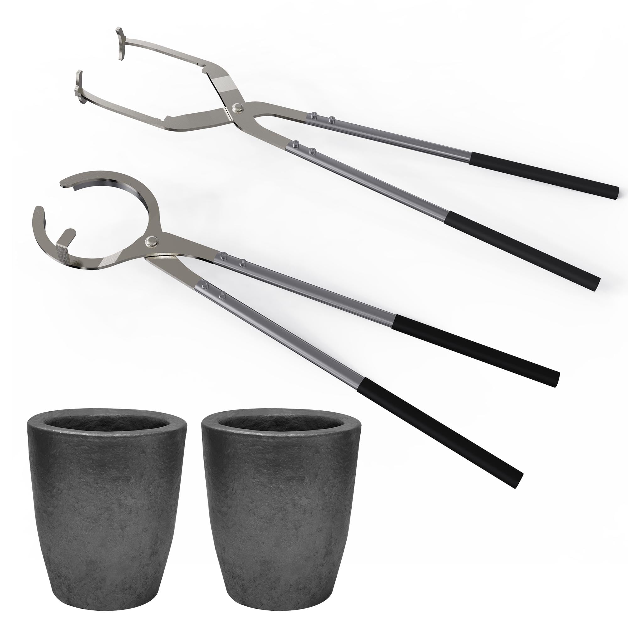 Nelyrho Tiegelzangen-Set zum Schmelzen und Gießen von Metall, 5 kg | Zangen-Set mit Hebe- und Gießzange und 2 Ausgießer Graphittiegel für Schmelzöfen, DIY Metallguss