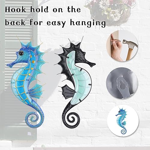 Miniatura 7 de VCUTEKA Decoración de pared de caballito de mar de metal para exteriores, escultura de pared de caballito de mar, escultura de vidrio para