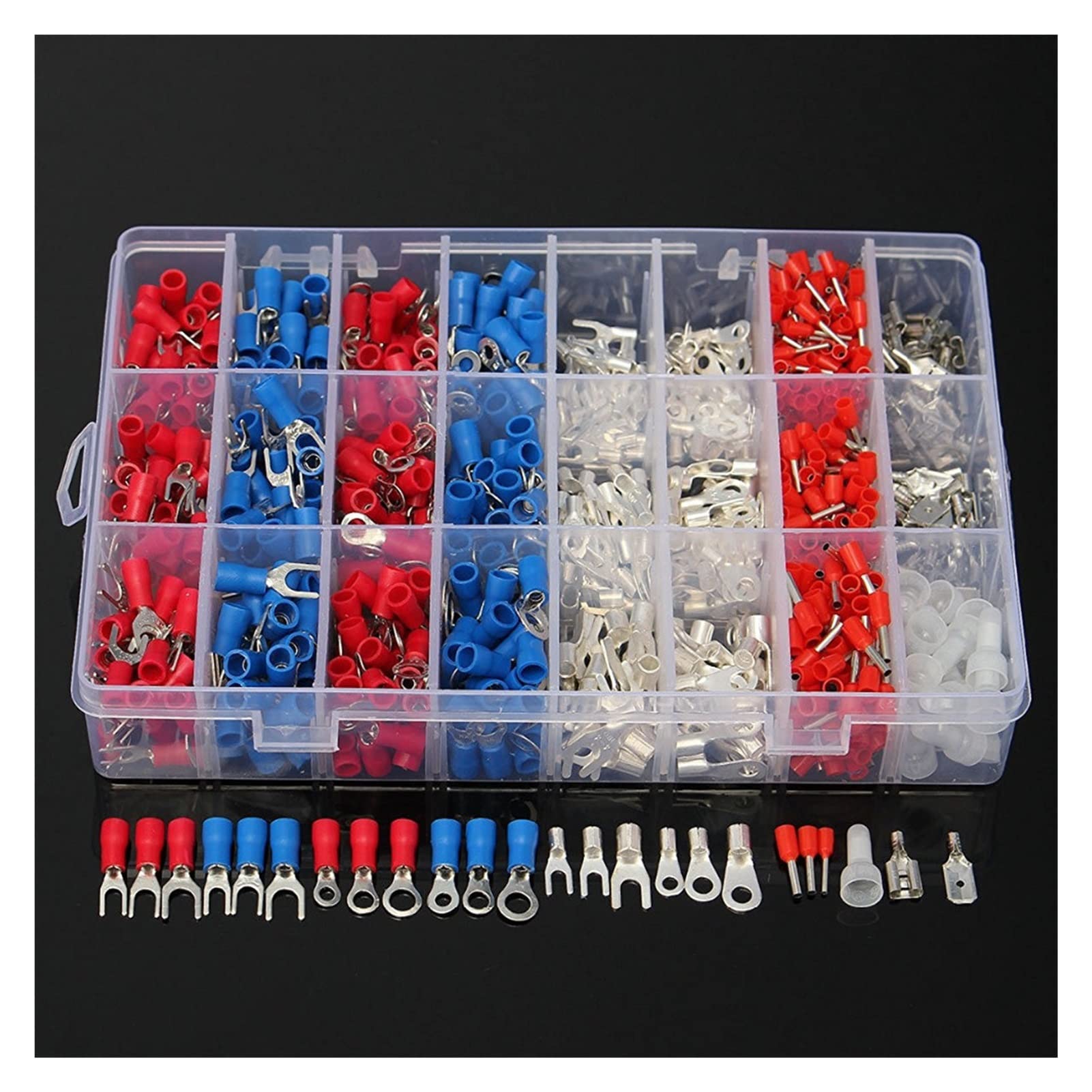 1000pcs 24types Cable de cable eléctrico Crimp Terminales Kit Pin Conectores End Aislados Spade Horquilla Anillo Sitificado Set