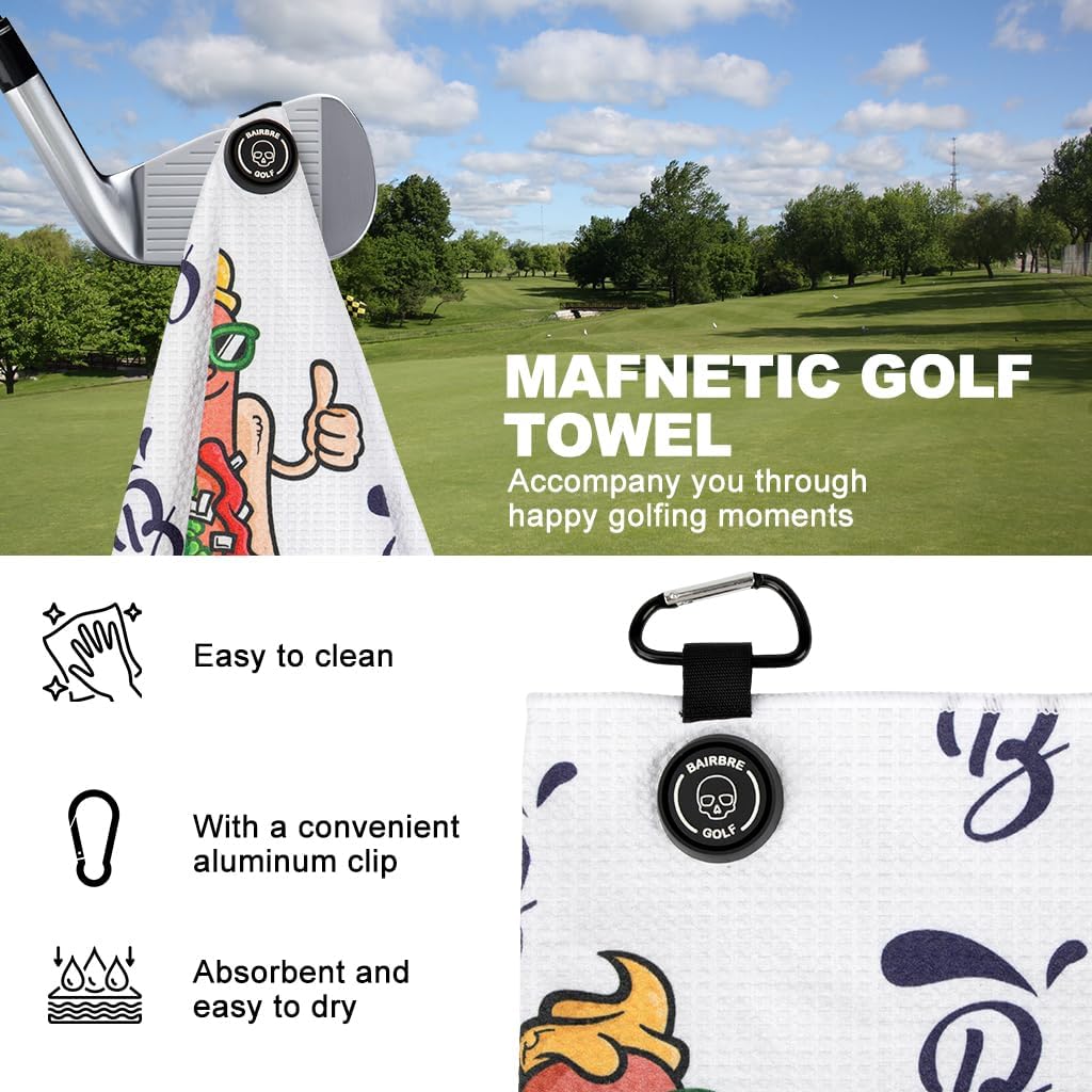 Golf Towel Magnetic Towel for Bags with Clip for Men & Women，Microfiber Fabric Waffle Pattern Golf Towels for Strong Hold to GolfCarts or Clubs (White Hotdog)