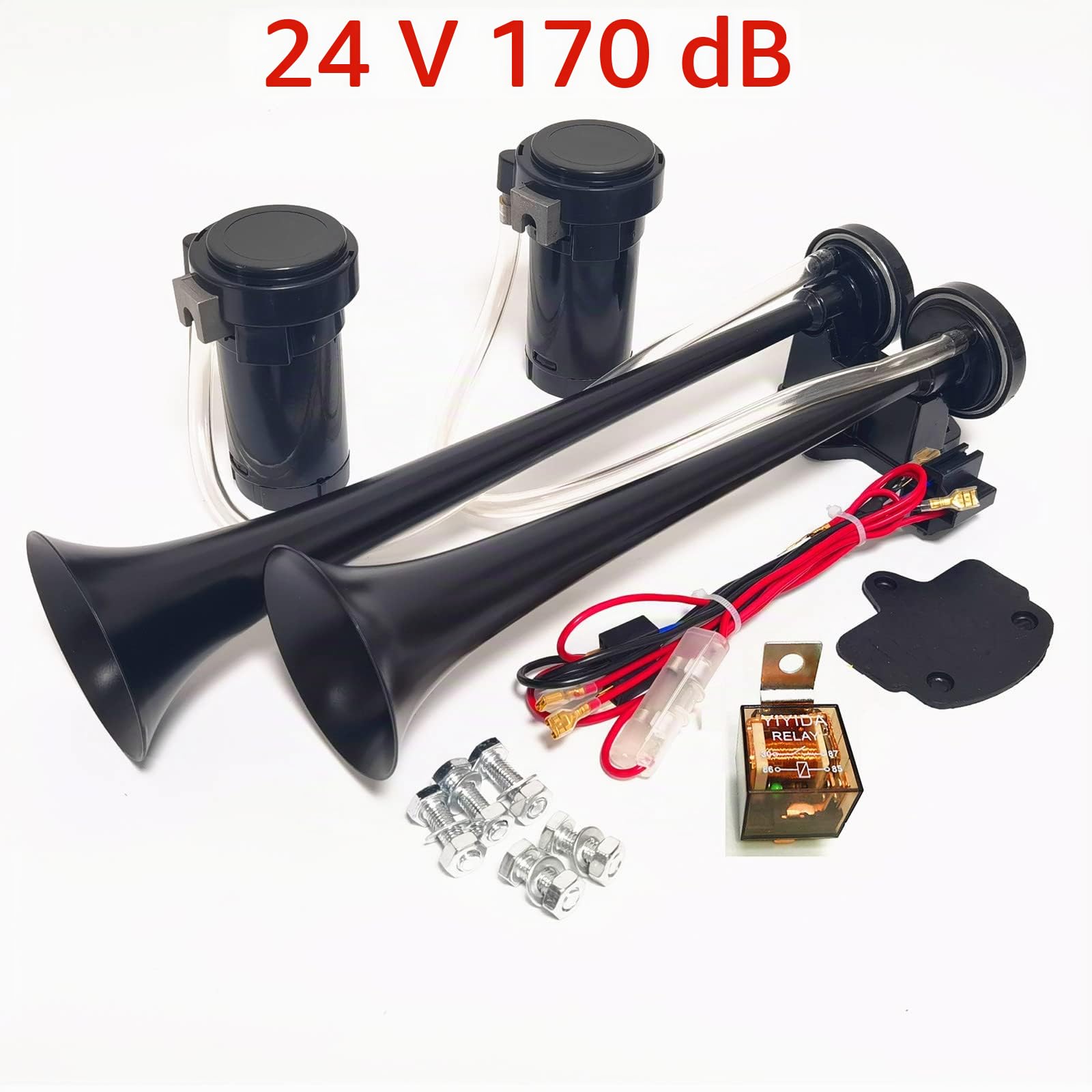 Clacson Tromba d'aria 24V Air Horn Tromba per camion 170db Tromba elettrica a doppio tubo tweeter nero e tromba del basso con Air Pump Altoparlante Car Horn per 24V camion Moto Vans nave ecc