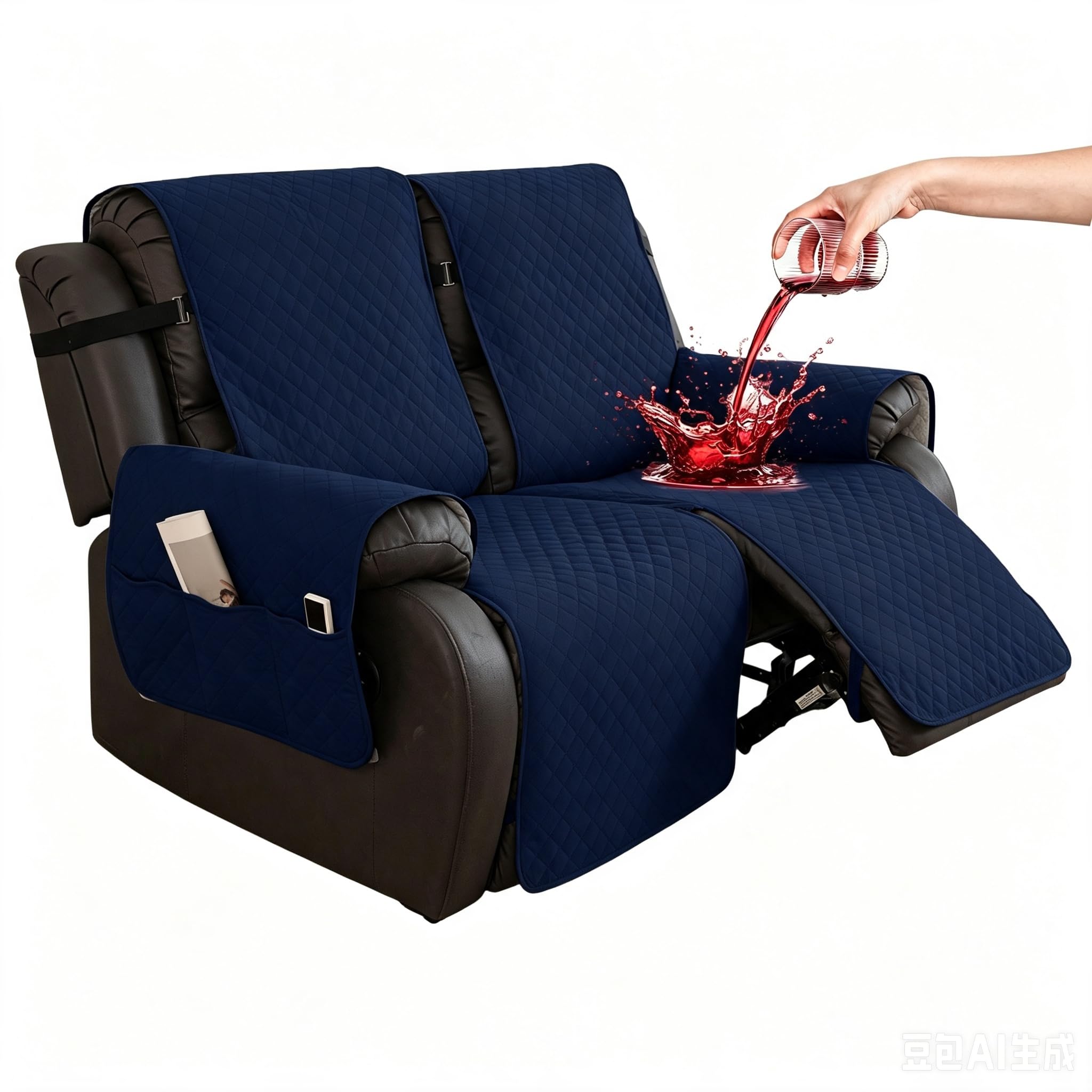 Hiiksolo Waterproof Recliner Chair Cover, Non-Slip Recliner Covers with Side Pockets, Washable Furniture Protector for Reclining Chair, Soft Velvet Slipcover for Pets Kids 2 Seater Navy Blue
