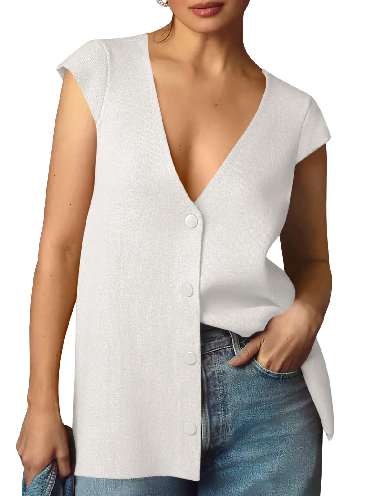 Saodimallsu Womens Deep V Neck Sweater Vest Sleeveless Knit Button Up Loose Fit Cap Sleeve Trendy Summer Tops