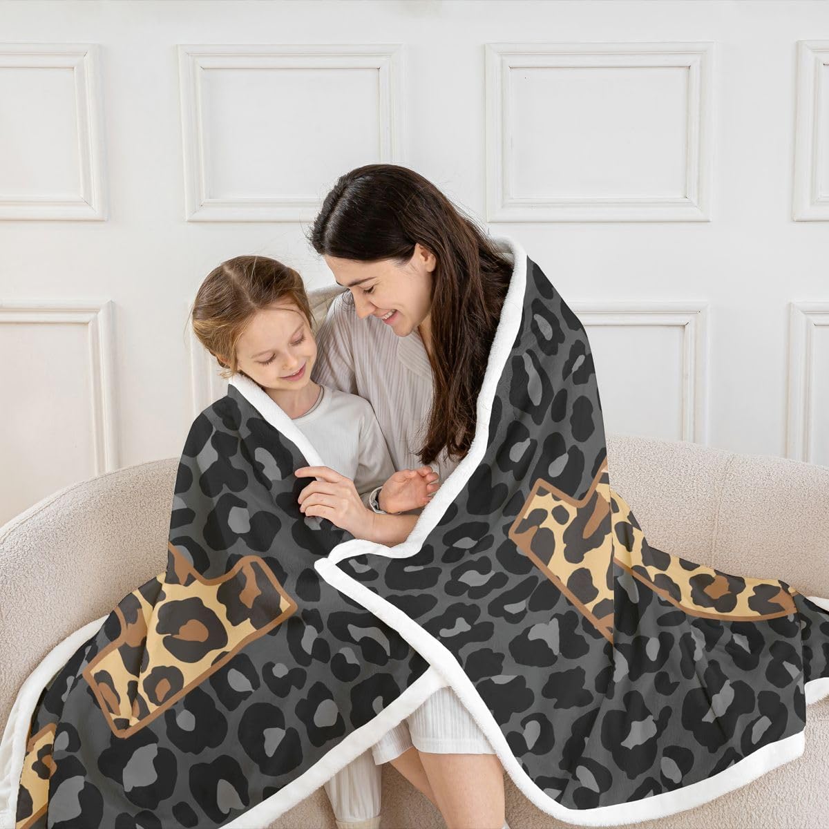 Erosebridal Brown Leopard Print Bow Fleece Blanket Coquette Aesthetic Letter K Sherpa Blanket 60"x80" | Personalized Name Monogrammed Alphabet Fuzzy Plush Throw Toddler Balletcore Decor Grey