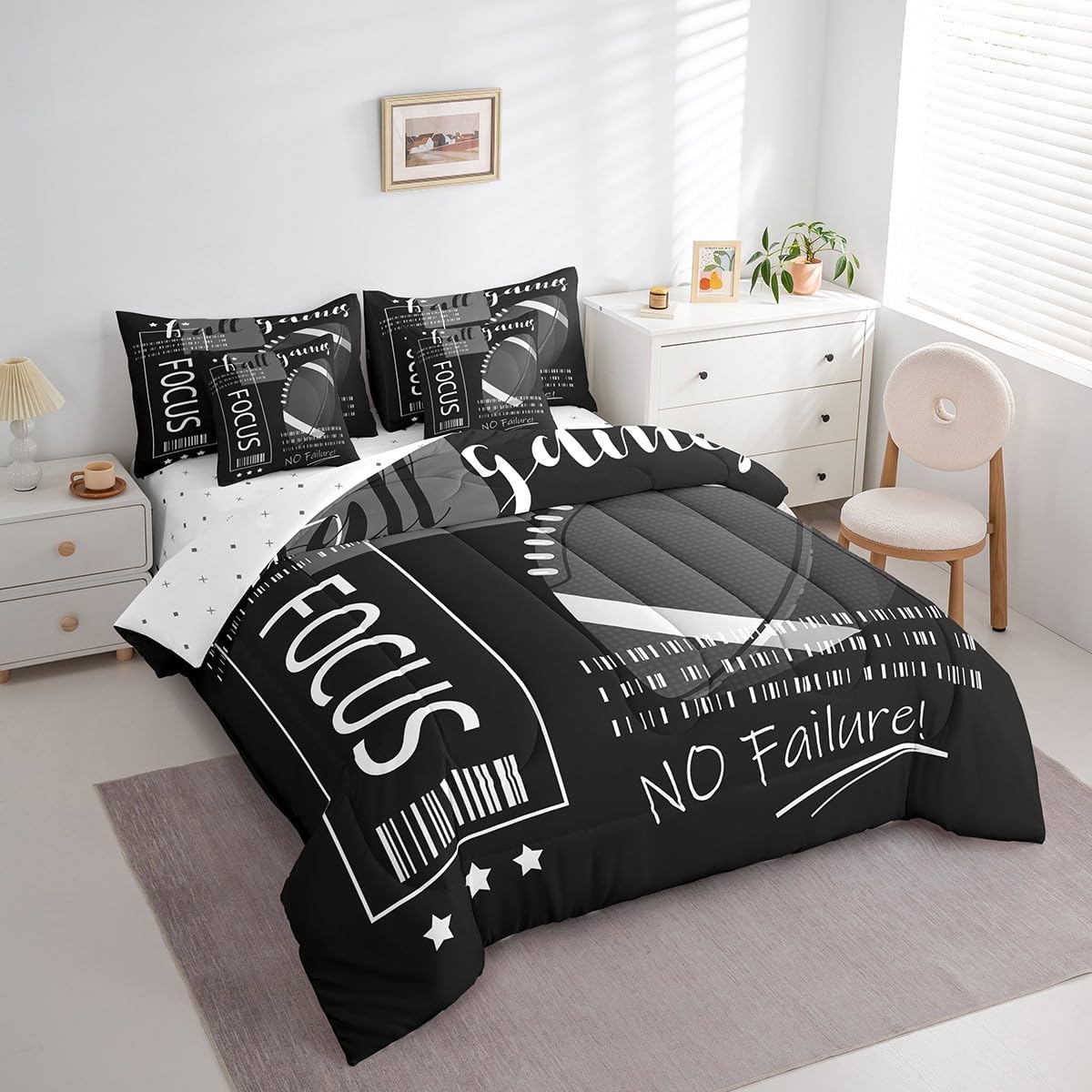 Erosebridal 7 Piece American Football Queen Bed in a Bag,Black White Football Comforter Sets Sports Room Decor for Boys,Rugby Football Bedding Set with Fitted Sheet,Flat Sheet,Pillowcases & Shams