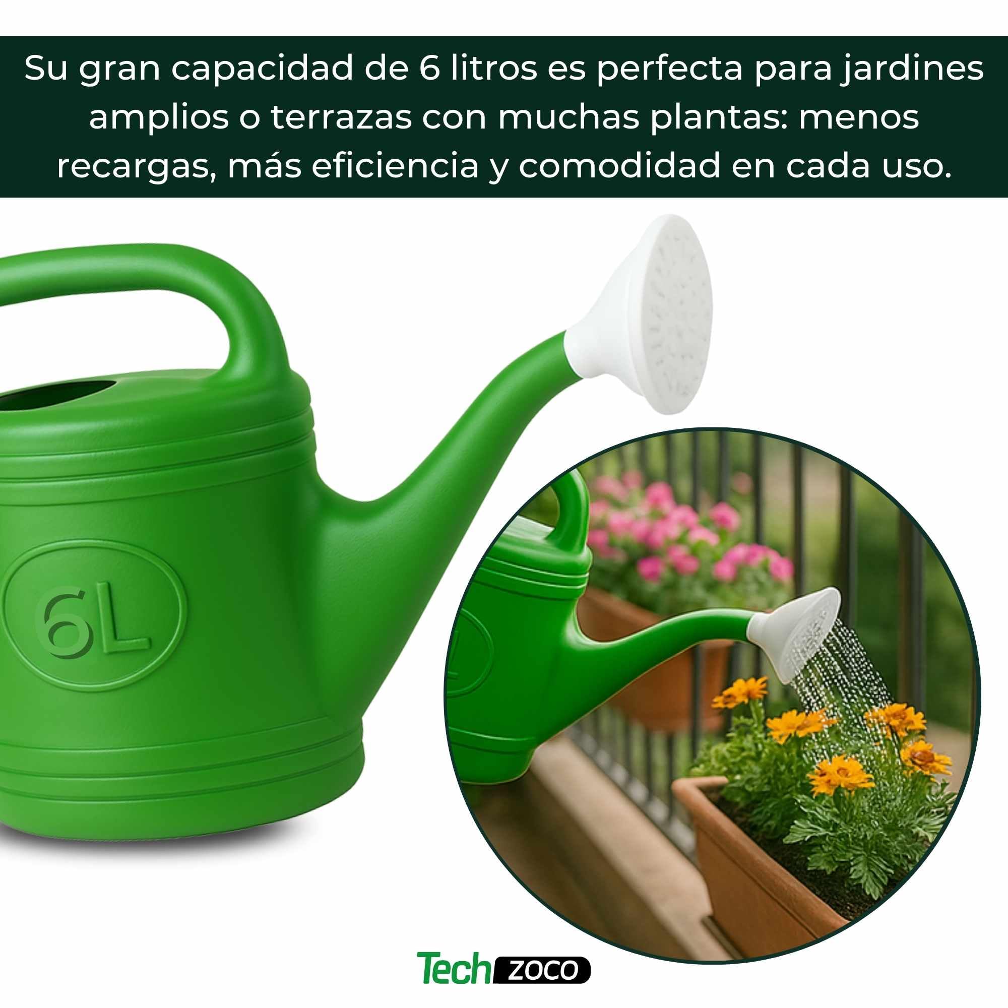 TECHZOCO Regadera de plástico, Regadera para Interior y Exterior, regadera de jardín, Diseño con Pico, Accesorio de riego, Asa de Transporte, Cabezal Efecto Lluvia, Verde, 6 litros