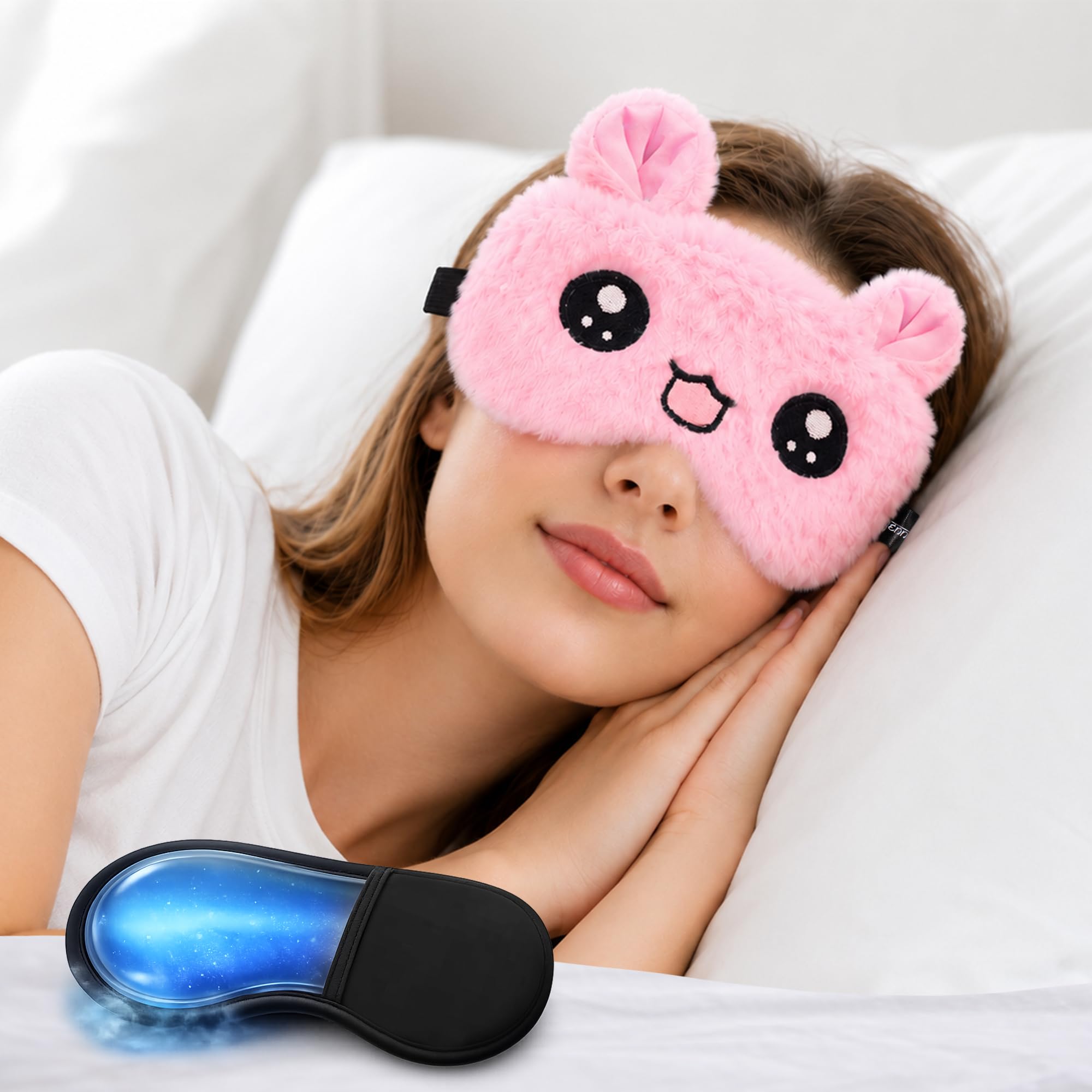 Jenna™ Cute Gel Fur Sleeping Eye Shade Mask Cover for Insomnia, Meditation, Puffy Eyes and Dark Circles Kitty Pink