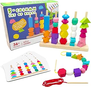RHYOCIYE Geometric Sorting and Stacking Primary Lacing Beads，Early Educational Toys Wooden Stacking Blocks for Toddler, Preschool Montessori Wooden Threading Toys, for Boys Girls