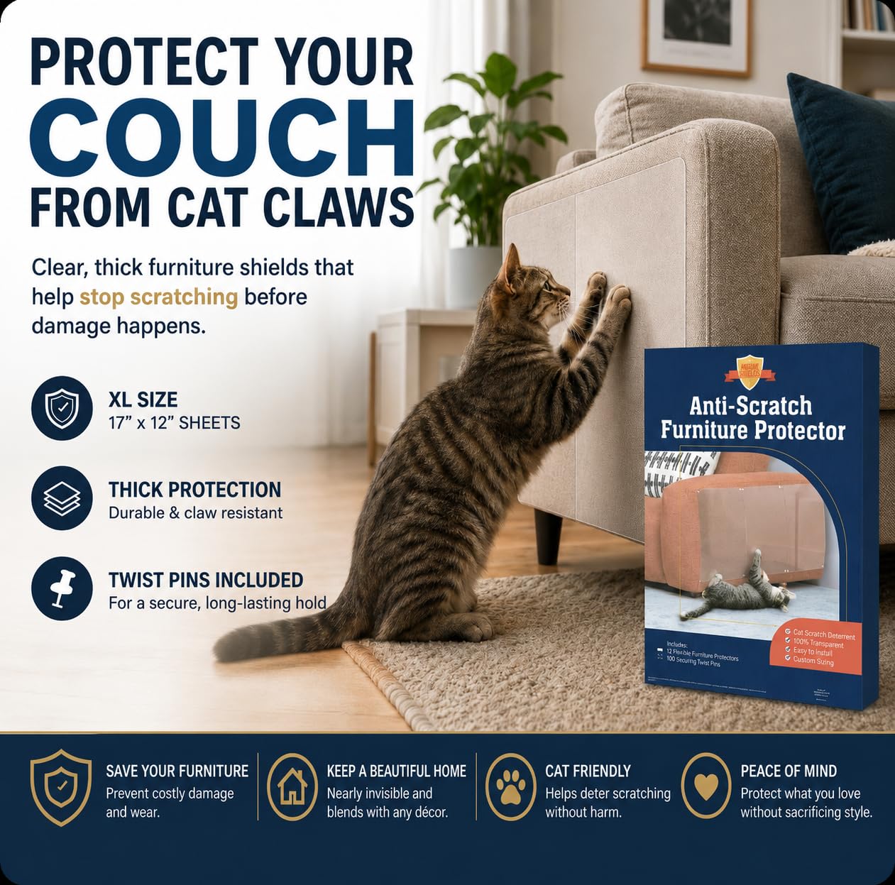 Stelucca Amazing Shields Disuasorio de arañazos para gatos, paquete de 12, protectores de muebles de gatos de 17 x 12 pulgadas para sofá, almohadilla transparente, antiarañazos y protector de sofá