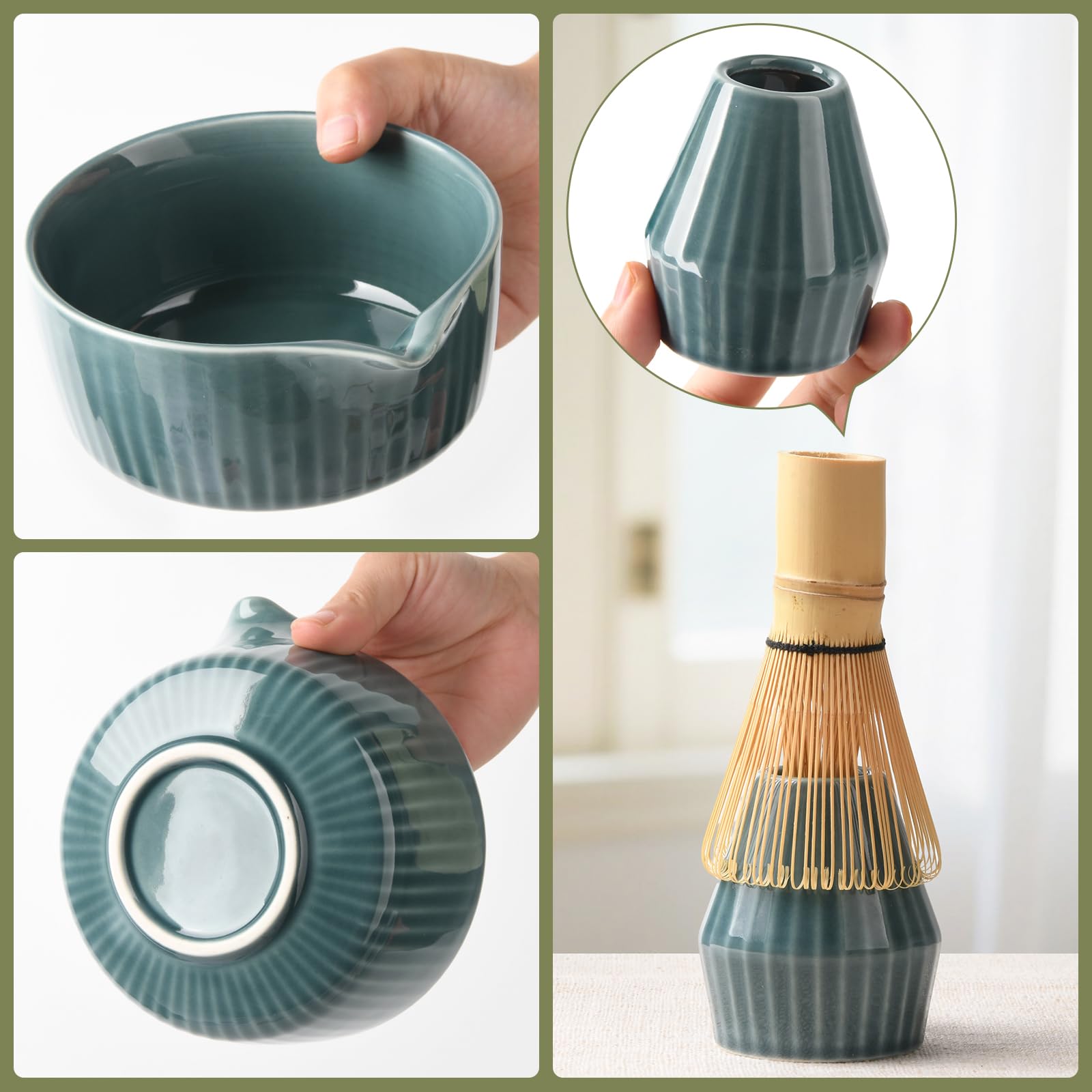 Matcha Kit Completo 7 Pezzi in Regalo Elegante: Ciotola Ceramica, Frullino di Bambù, Set per Tè Giapponese con Base, Setaccio Acciaio + Tovaglietta Lino - Set Matcha Autentico (Blu)