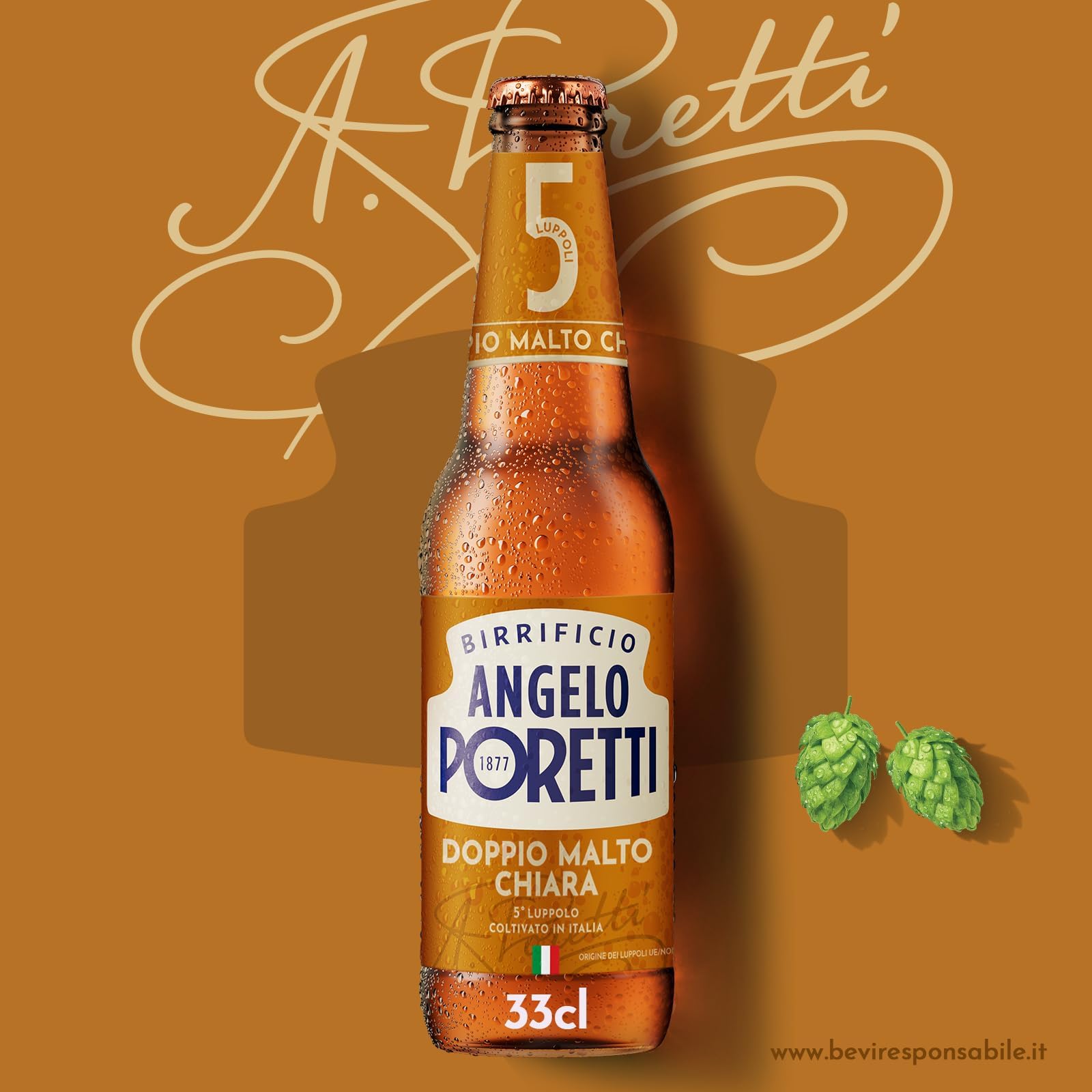 Birrificio Angelo Poretti Birra 5 Luppoli Doppio Malto Chiara, Cassa con 24 Bottiglie da 33cl, Birra Bock Doppio Malto Chiara, Gusto Maltato e Fruttato, Gradazione Alcolica 6.5% Vol.