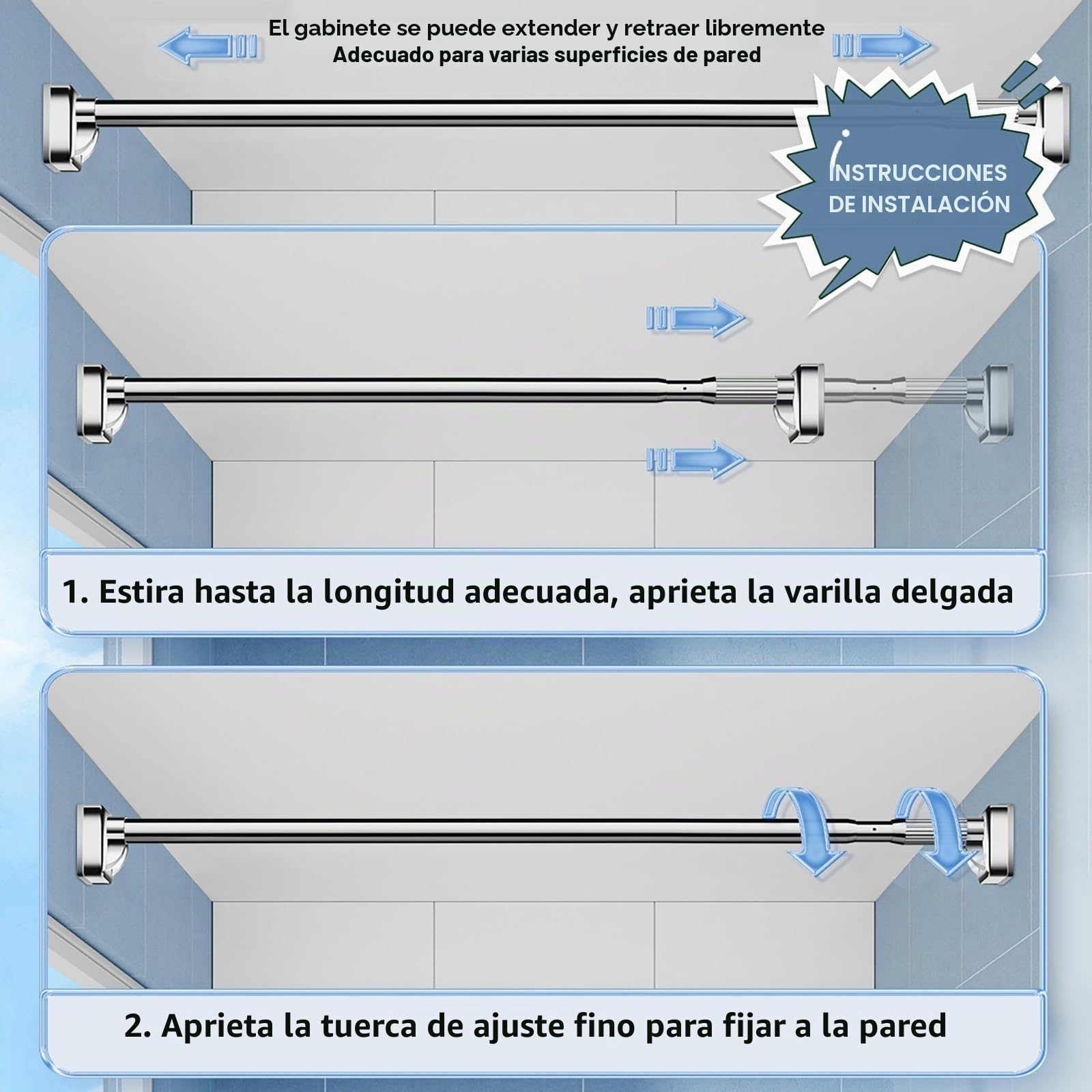 Barras de cortina, sin taladrar, 410-500 cm, 360-450 cm, 310-400 cm, sin taladrar, antideslizante, barra de cortina, barra de sujeción, barra telescópica, para baño, armario, ventana, diseño de
