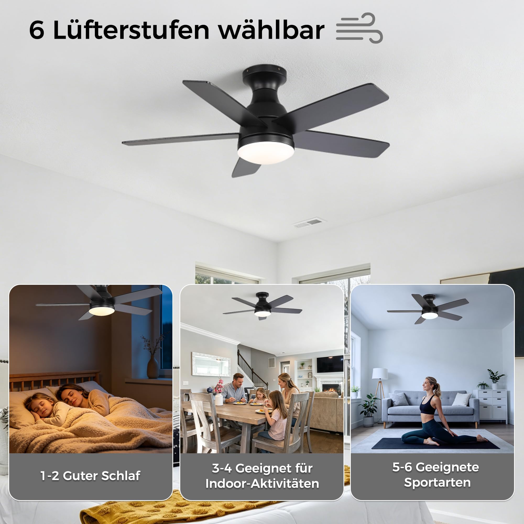 OZENAOS Deckenventilator mit Beleuchtung 112 cm, Leiser 33W DC Motor Ventilator Deckenlampe mit Fernbedienung, 6 Windstufen & Timer, LED Dimmbar 3000-6000K,1700LM, für Wohnzimmer Schlafzimmer