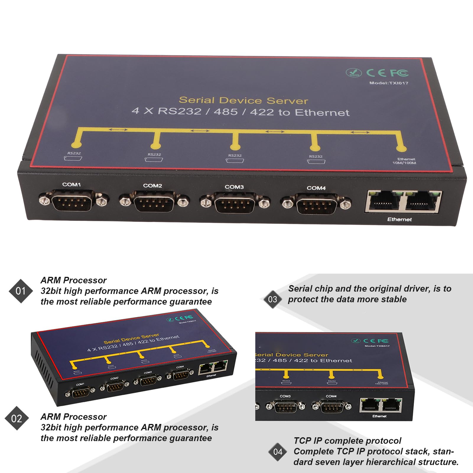 4 Puertos Adaptador de Servidor de Dispositivos Seriales Puerto RJ45 10 100Mbps
