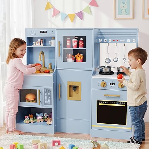 Miniatura 7 de MAMIZO Cocina de juego de madera para niños, juego de cocina de juguete para niños, juego de cocina interactivo grande con 6 utensilios de cocina,
