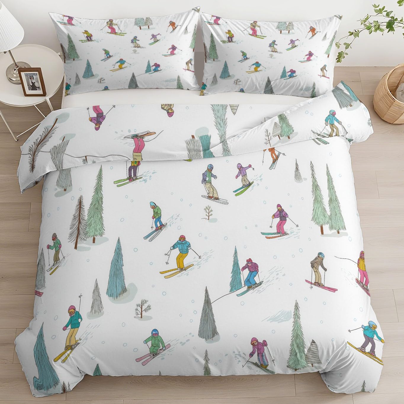 Générique Komplet pościeli 240 x 220 cm, poszwa na kołdrę z mikrofibry z 2 poszewkami 65 x 65 cm, motyw sportowy z kreskówki, narciarz, szpilki na kołdrę, zamek błyskawiczny, szałwiowa zieleń, 2 osoby