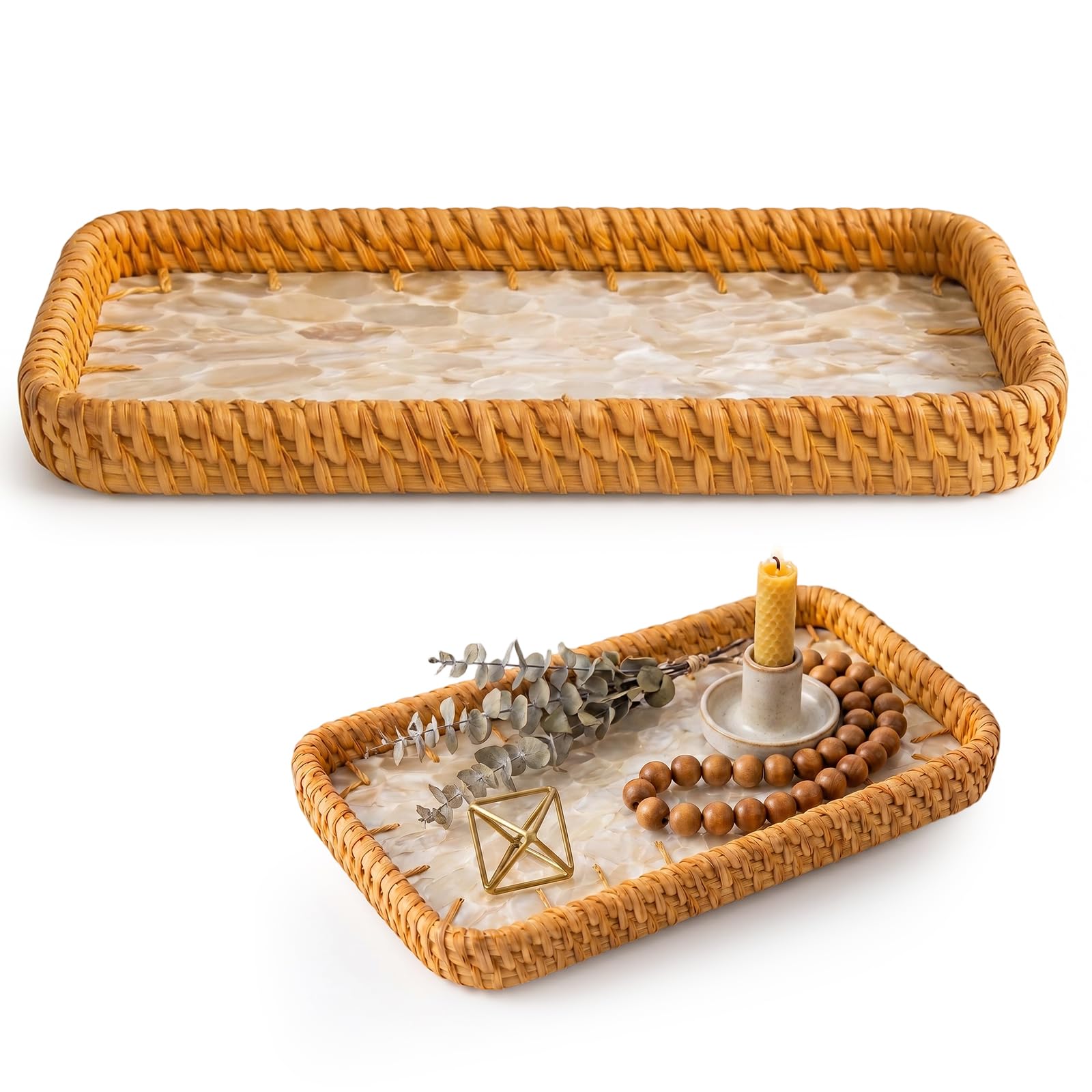 Gold and White Leaf Rattan Tray, Rectangular Shell Key Bowl for Hallways