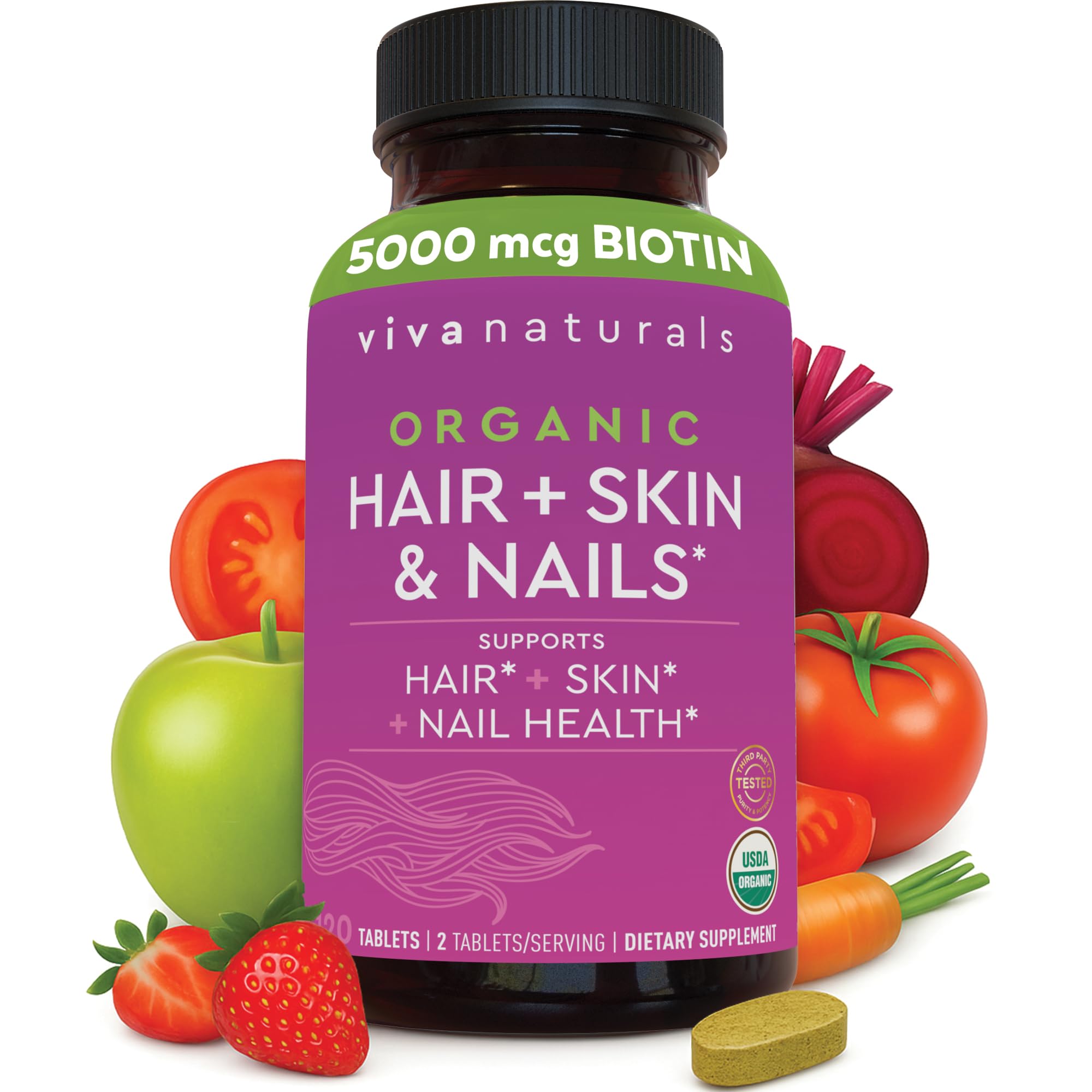 Biotin 5000 mcg Hair Skin Nails Vitamins for Women – Organic and Vegetarian-Friendly Supplement with Vitamin E, B-Vitamins, Spirulina, Horsetail and Superfood Blend to help Produce Keratin – 120 CountUSDA Organic