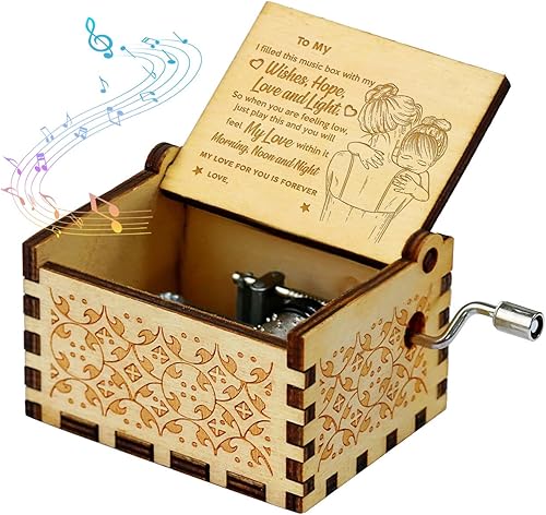 Caja de música de madera personalizada, grabado con mensaje especial para nieta, caja de música con manivela grabada, mecanismo You are My Sunshine,