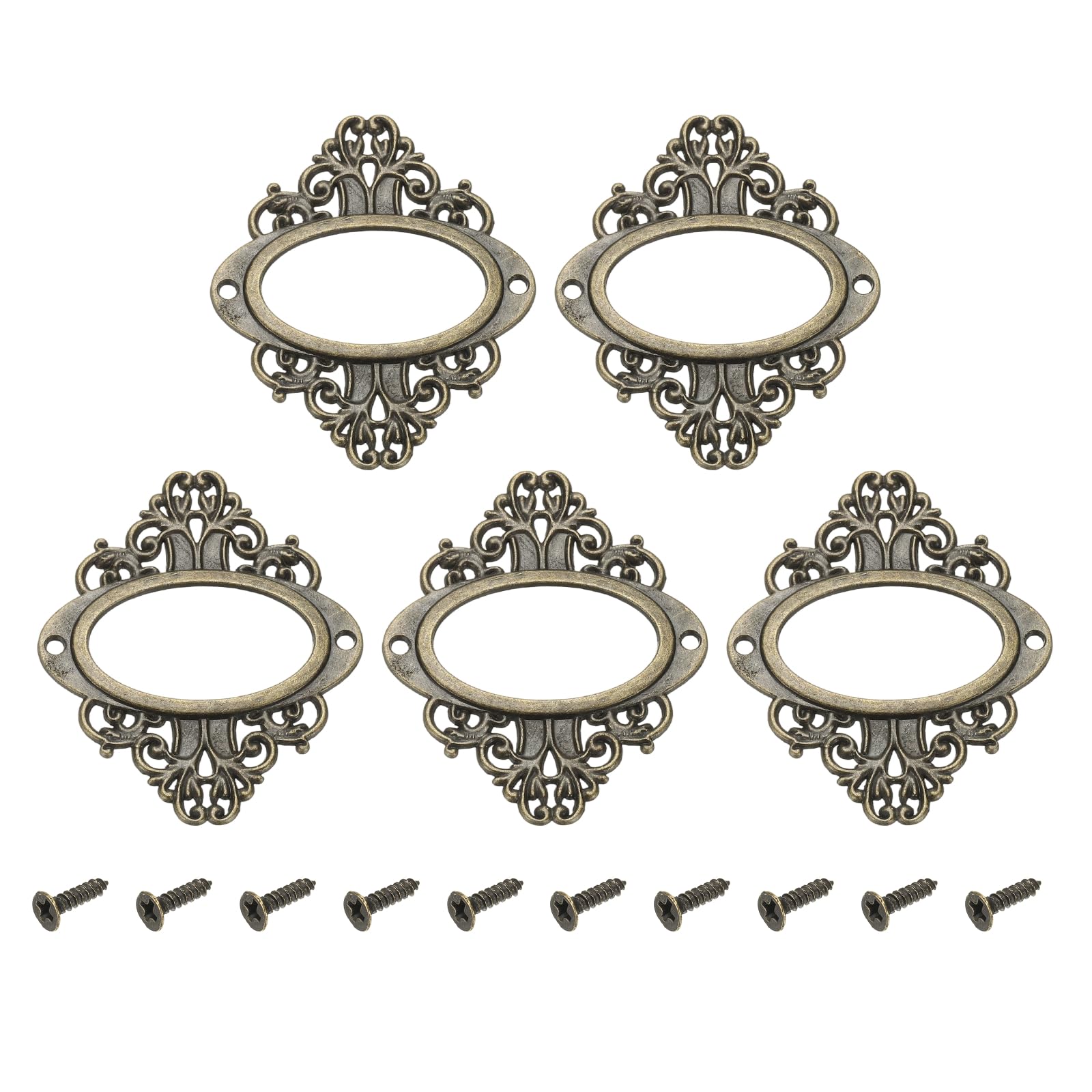 sourcing map 5 Pcs Metal Label Holder, 5.6x6.6cm Small Vintage Card Frame Tag Floral Lace Label Holder with Screws for File Boxes Drawers Door Cabinet Book Shelves, Bronze Green — image 1