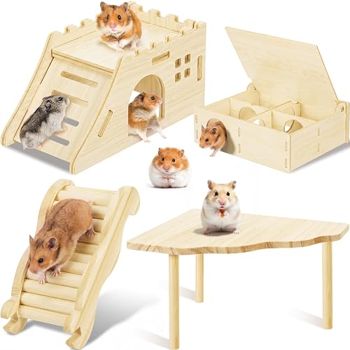 BreezeHug 4 Pcs Hamster Platform Hideout Wooden Tunnel Ladder Playhouse Hamster Game Climbing Toy with Platform Cage Accessories for Pets Dwarf Syrian Mice Degus Gerbils Squirrel(Castle) - Castle