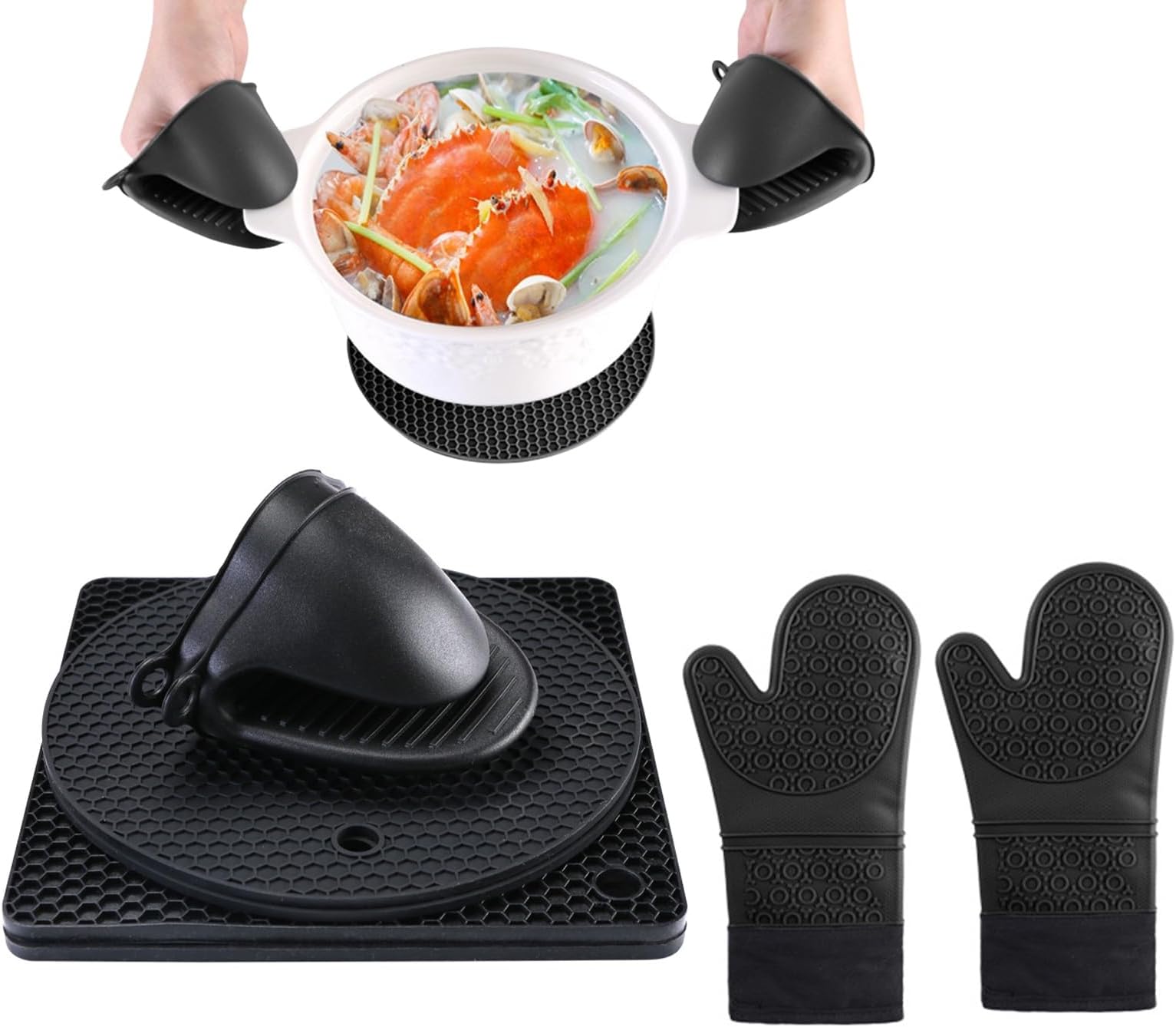 Coocicyi Oven Mitts and Pot Holders 8pcs Set, Kitchen Oven Glove High Heat-Resistant 500 Degree Extra Long Oven Mitts and Potholder with Non-Slip Silicone Surface for Cooking (Black)