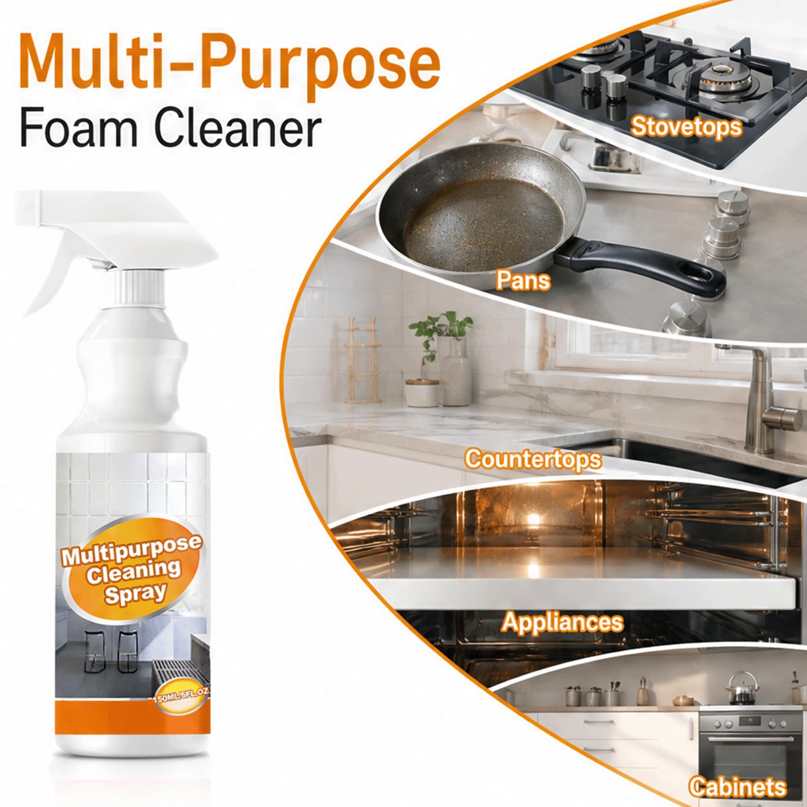 Spray detergente in schiuma da cucina multiuso, spray sgrassante per impieghi gravosi, potente rimozione del grasso, detergente multiuso, schiuma a bolle senza scrub, spray multisuperficie (5 pezzi)