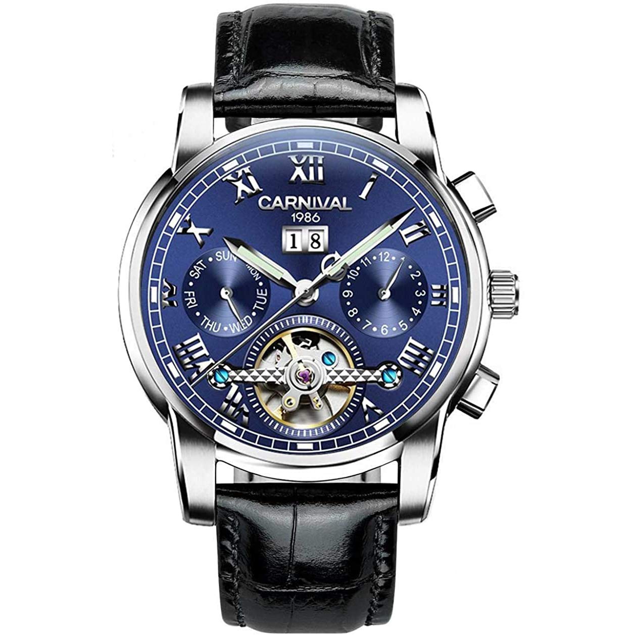 MASTOP Herren Tourbillon Automatik Mechanische Uhr Edelstahl Saphir Wasserdicht Leuchtende Leder Uhren